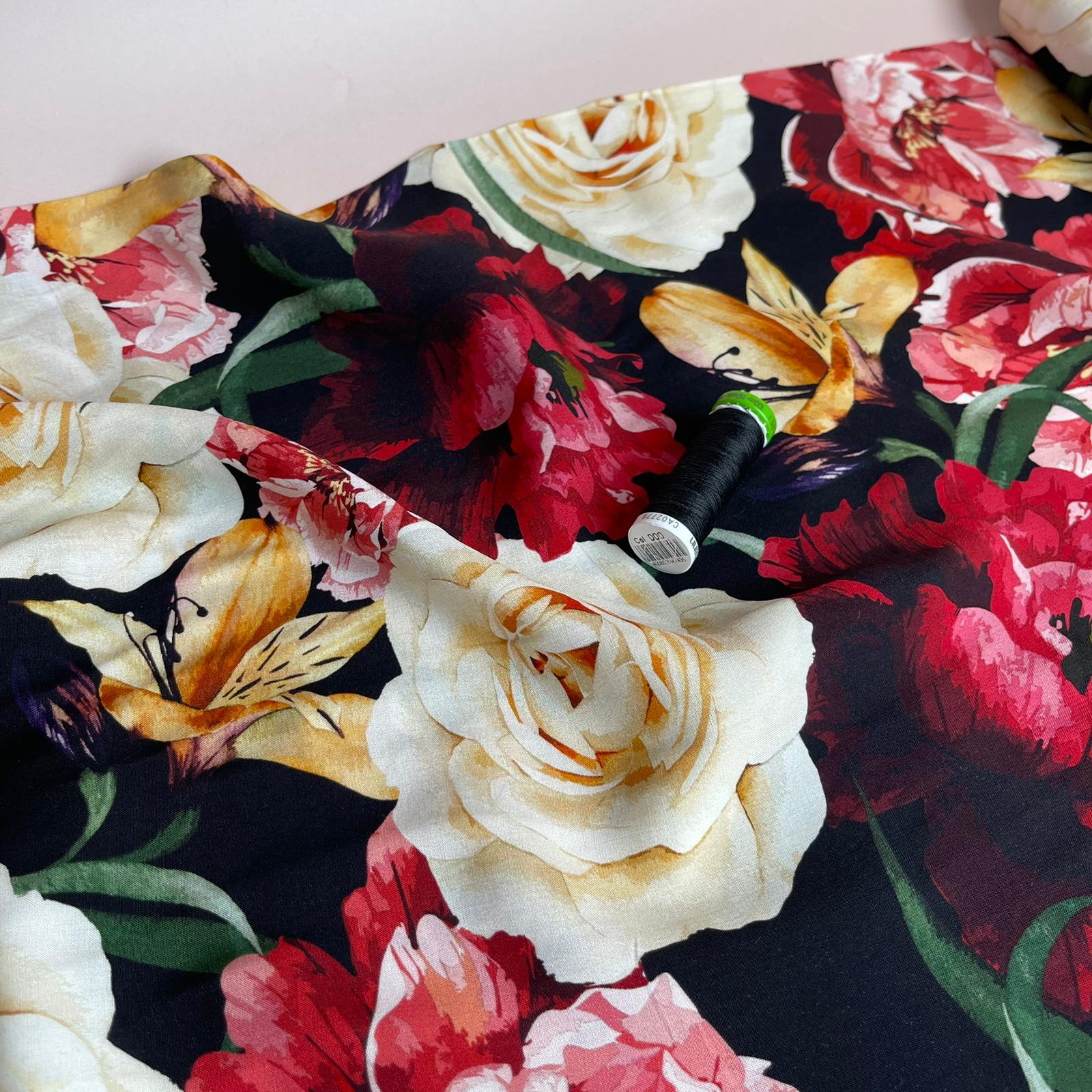 REMNANT 0.69 Metre - Romance Flowers on Black Viscose Fabric