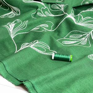 Embroidered Foliage Linen Viscose Blend Fabric in Green