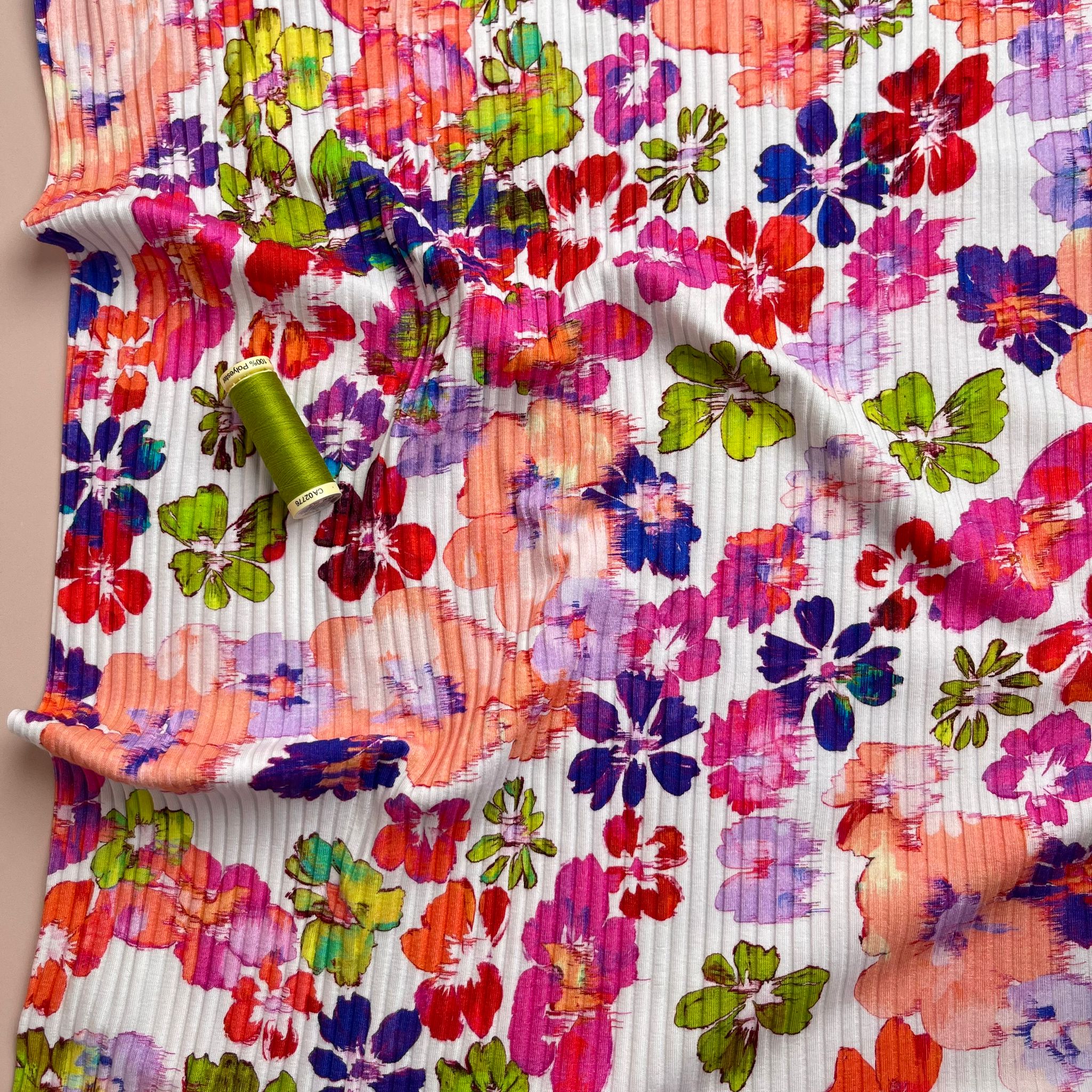 REMNANT 0.74 Metre - Spring Watercolour Flowers Cotton Ribbed Jersey