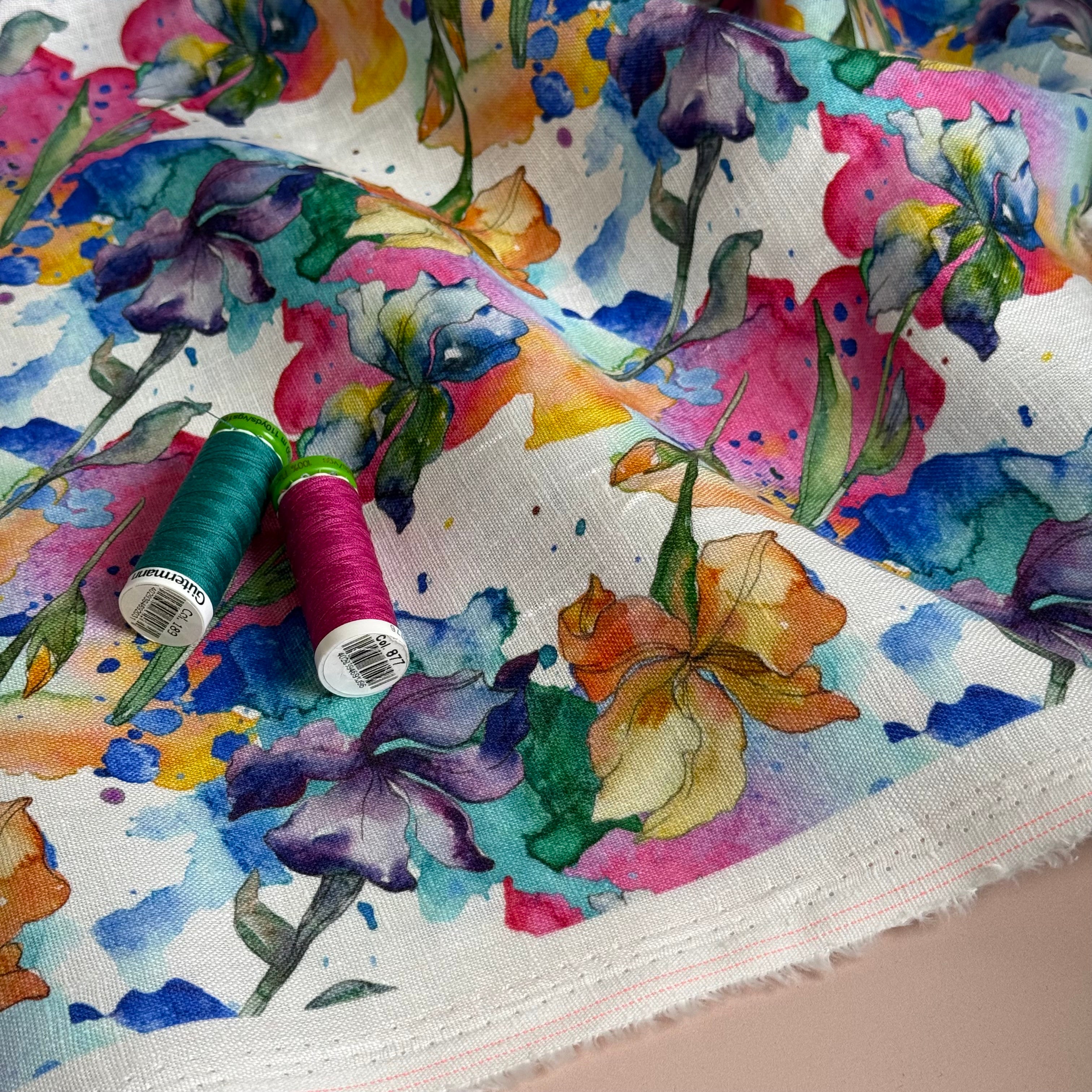 Watercolour Flowers Pure Linen Fabric