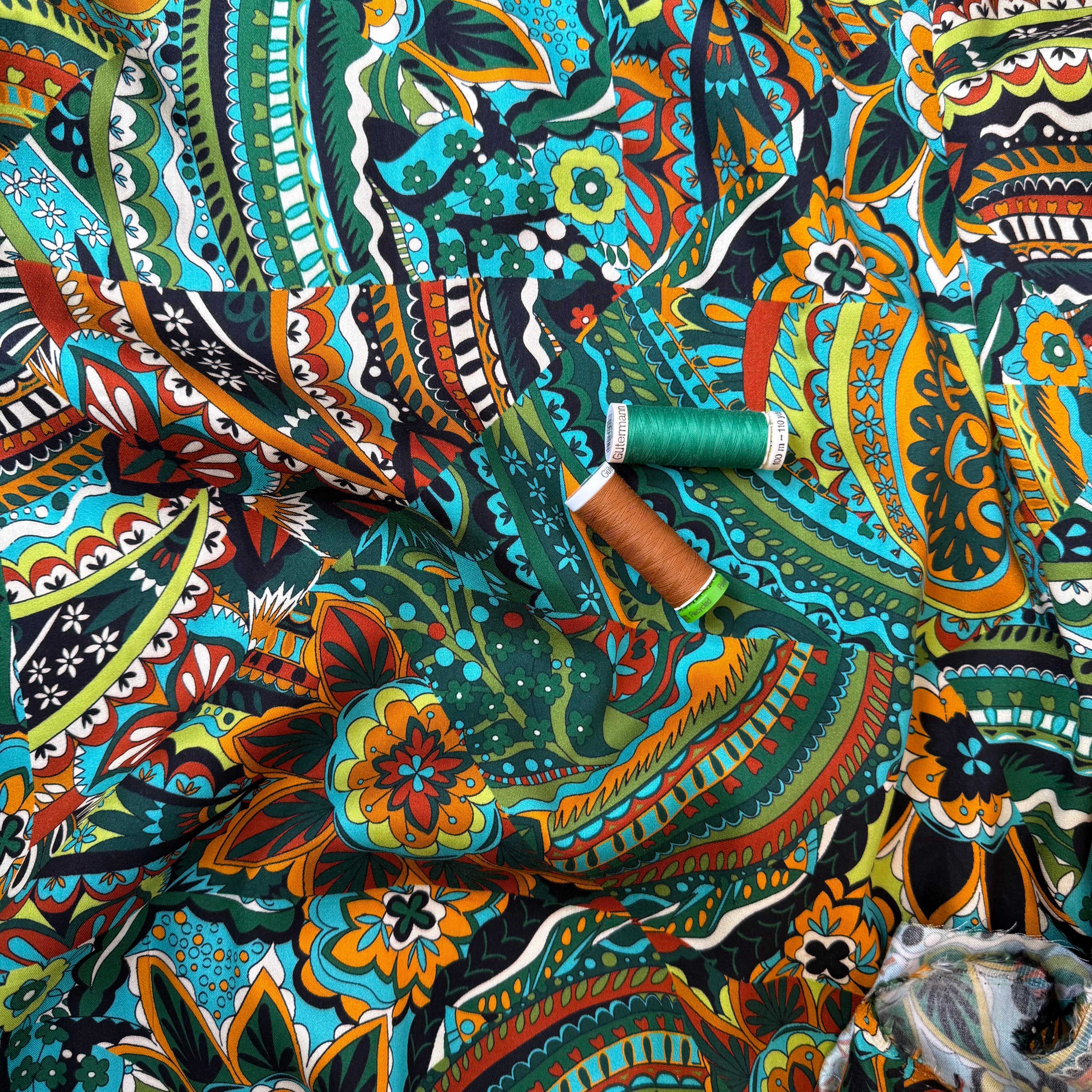 Magical Garden Forest Green Viscose Sateen Fabric
