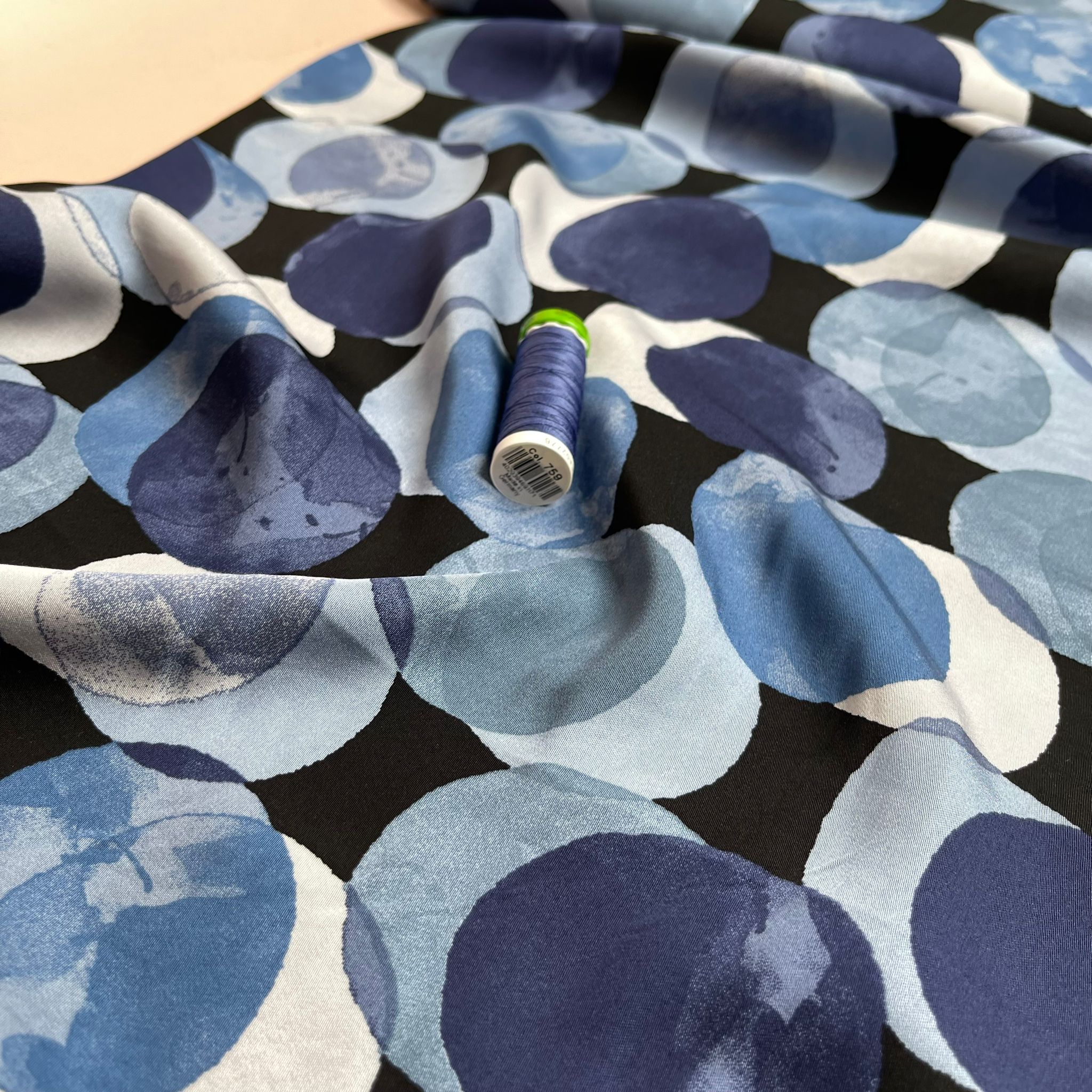 PRE-ORDER Watercolour Dots in Blue Viscose Sateen Fabric (more due by end of March)