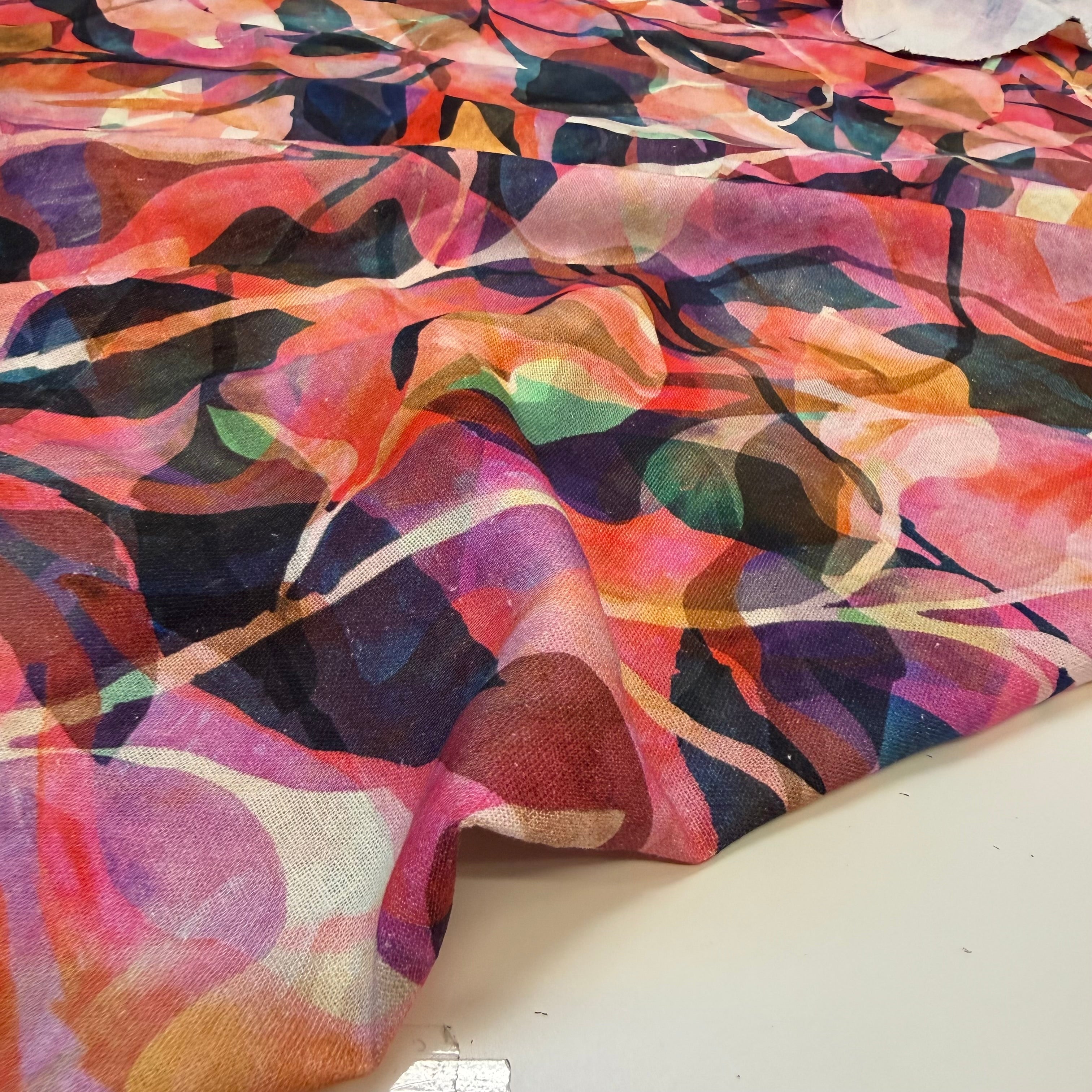 Painted Foliage Coral Pink Linen Viscose Blend Fabric