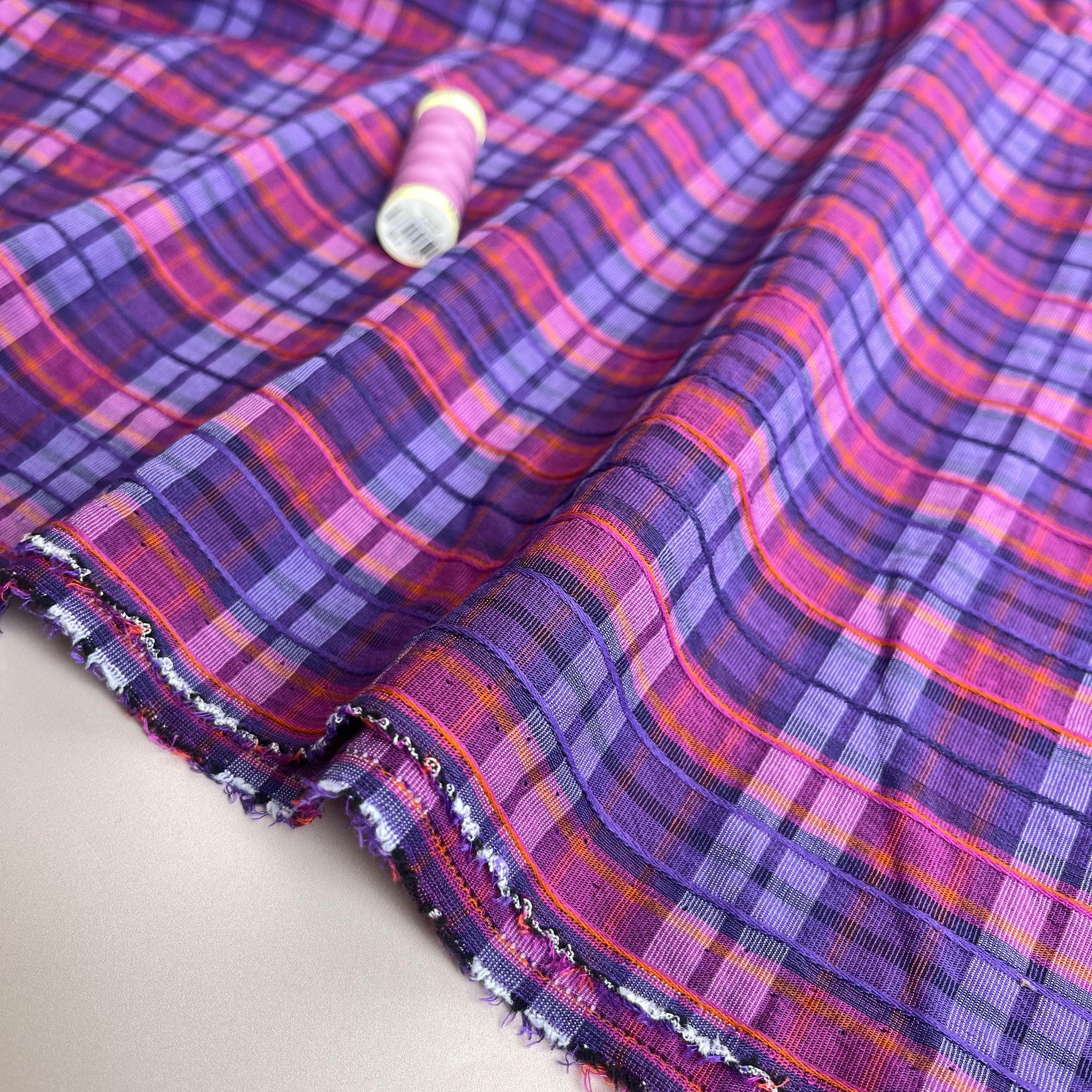 Ex-Designer Deadstock Purple Embroidered Check Cotton Blend Seersucker Fabric