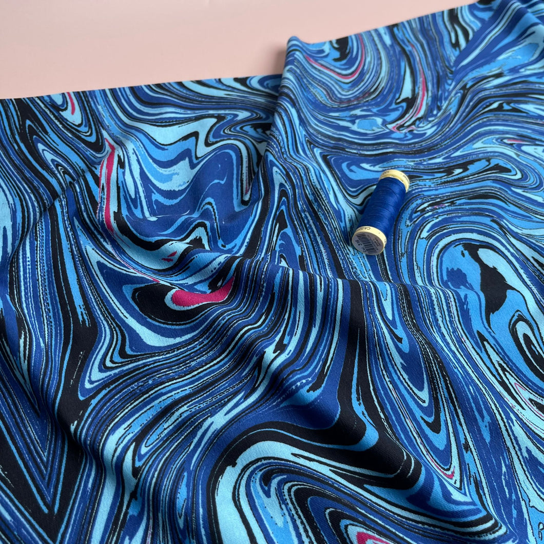 REMNANT 2.31 Metres - Danish Design - Cobalt Swirls Cotton Jersey Fabric