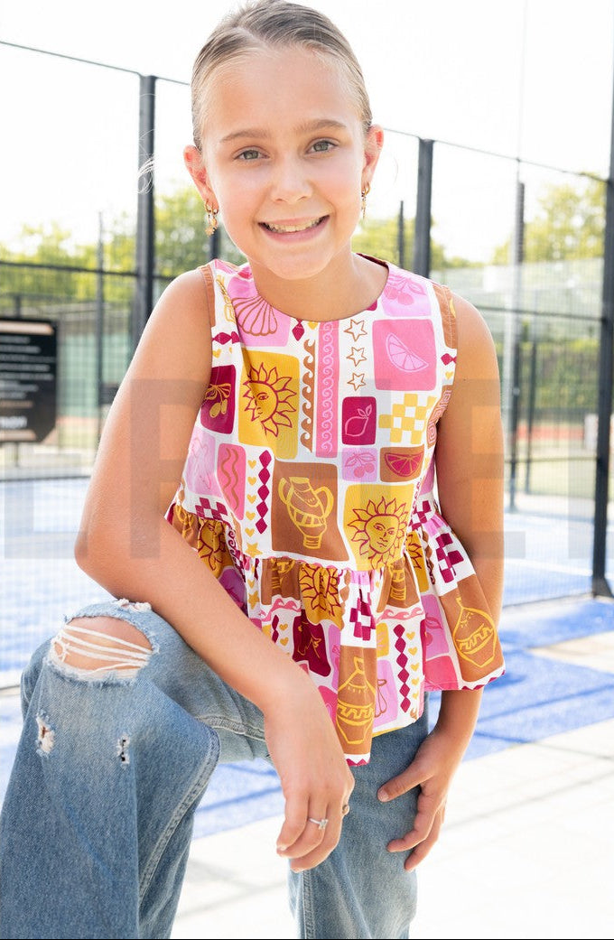 Funky Patchwork Postcard Ochre Fine Cotton Poplin Fabric