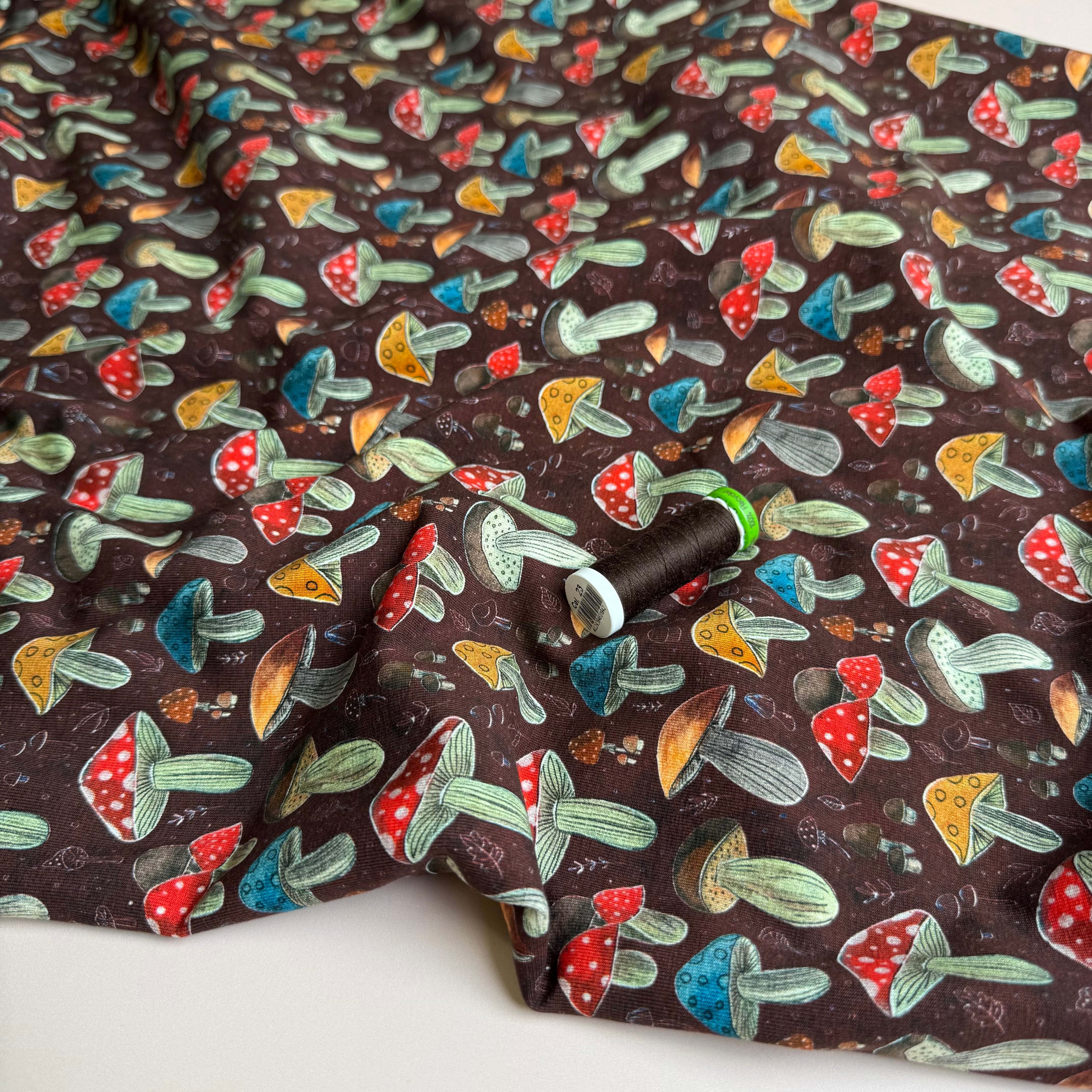 Colourful Mushrooms Brown Cotton Jersey Fabric