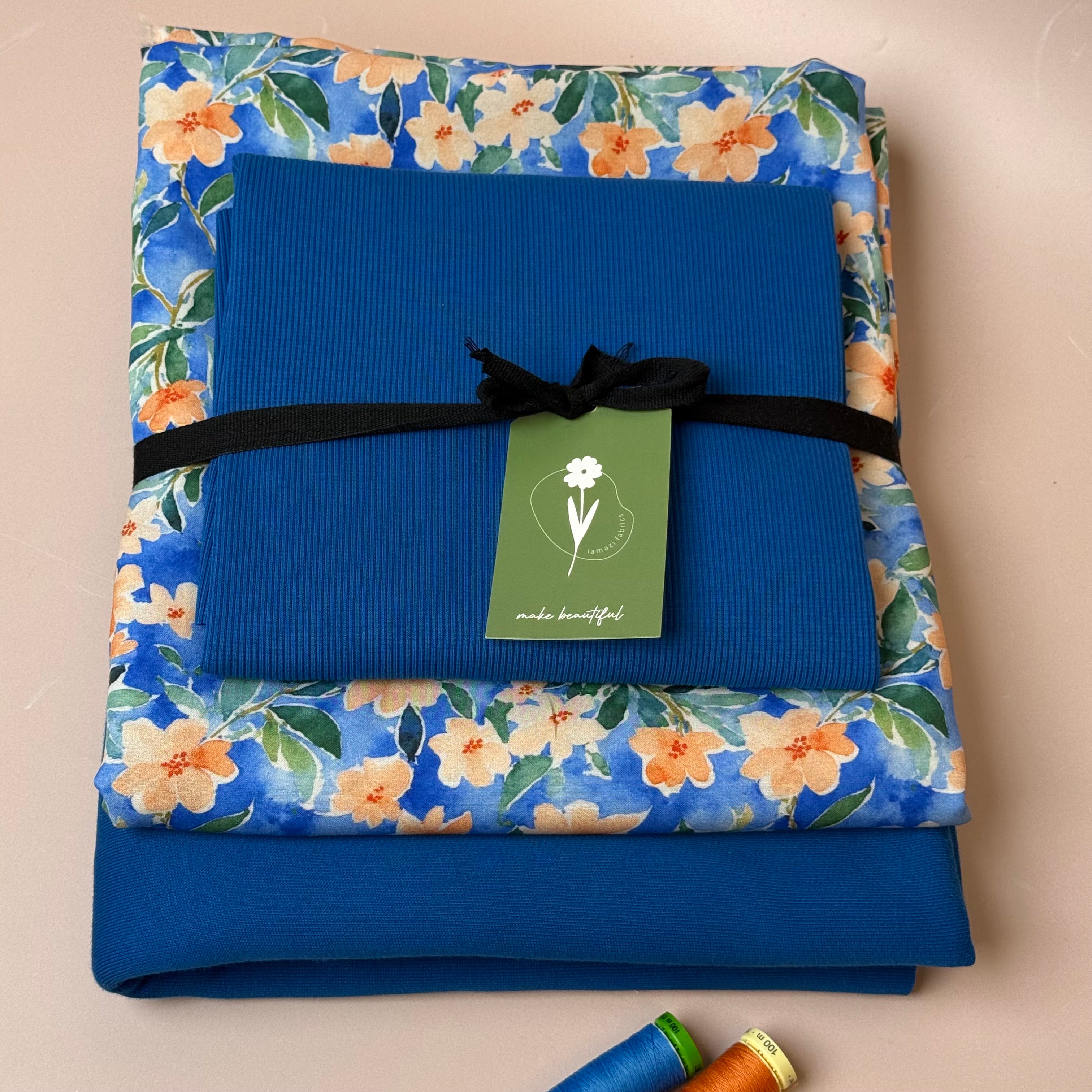Make an Outfit Colour Bundle - Peach Flowers Viscose & Brushed Sweatshirt in Intense Blue with Ribbing