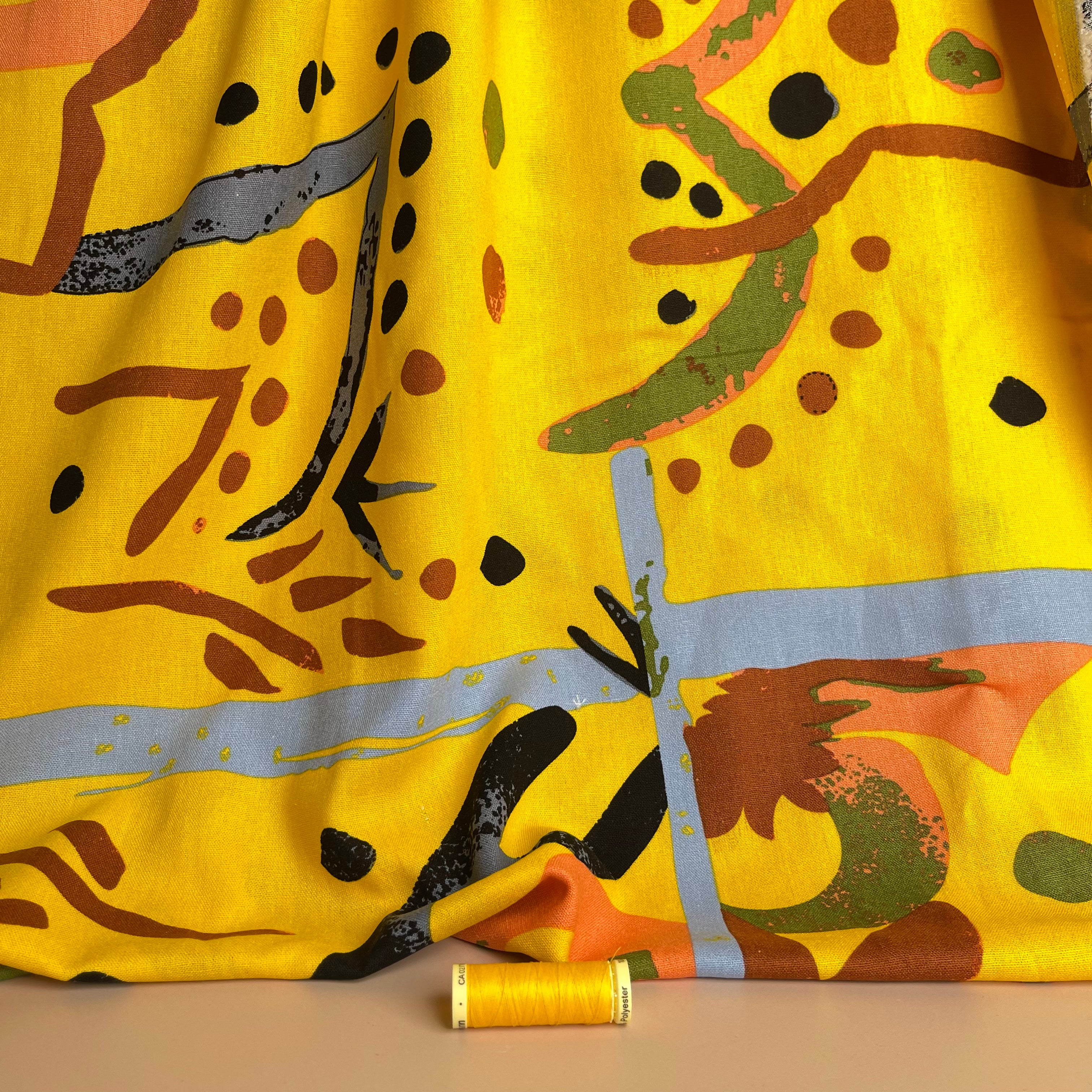 Modern Art Yellow Viscose Linen Blend Fabric