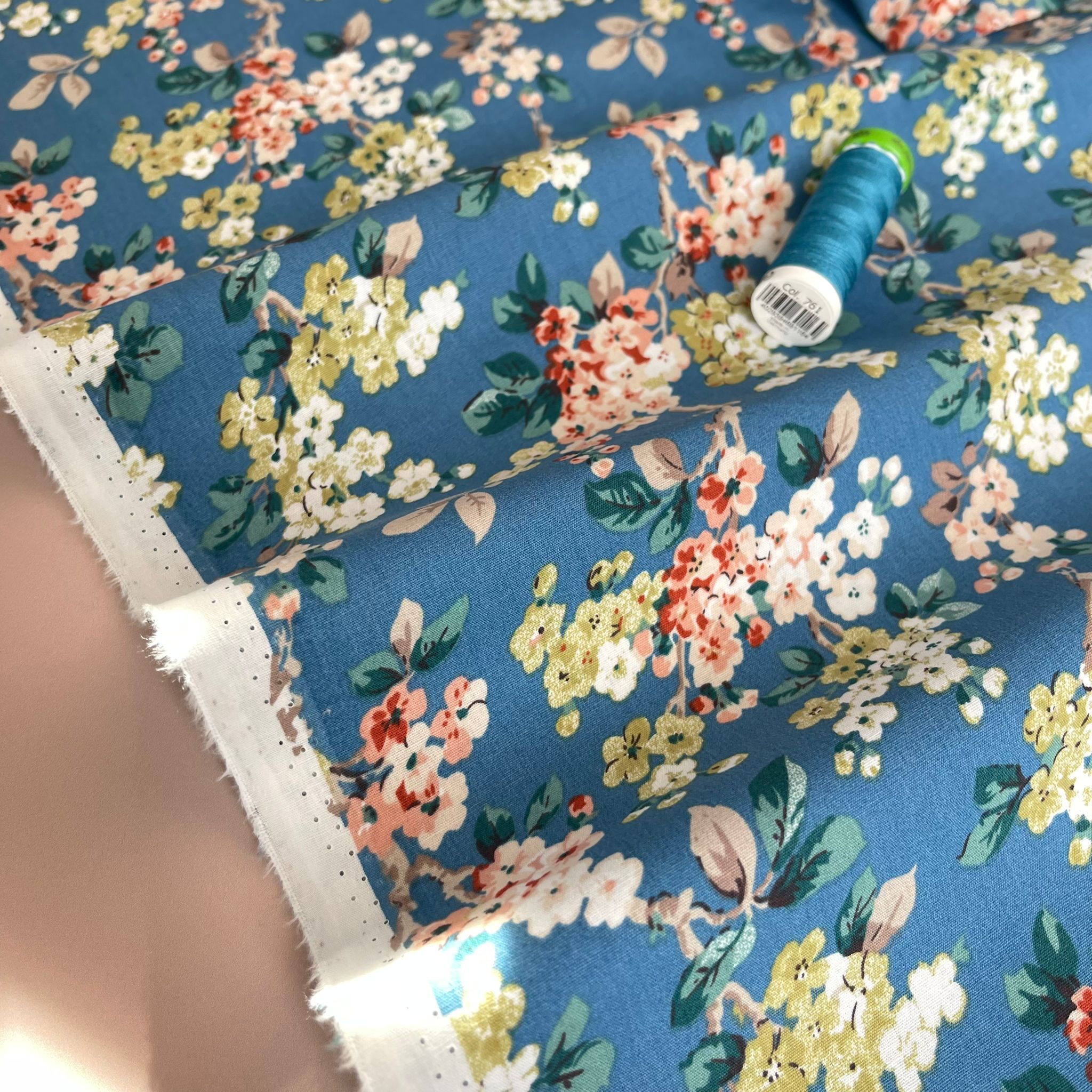 Spring Blossoms on Blue Cotton Poplin