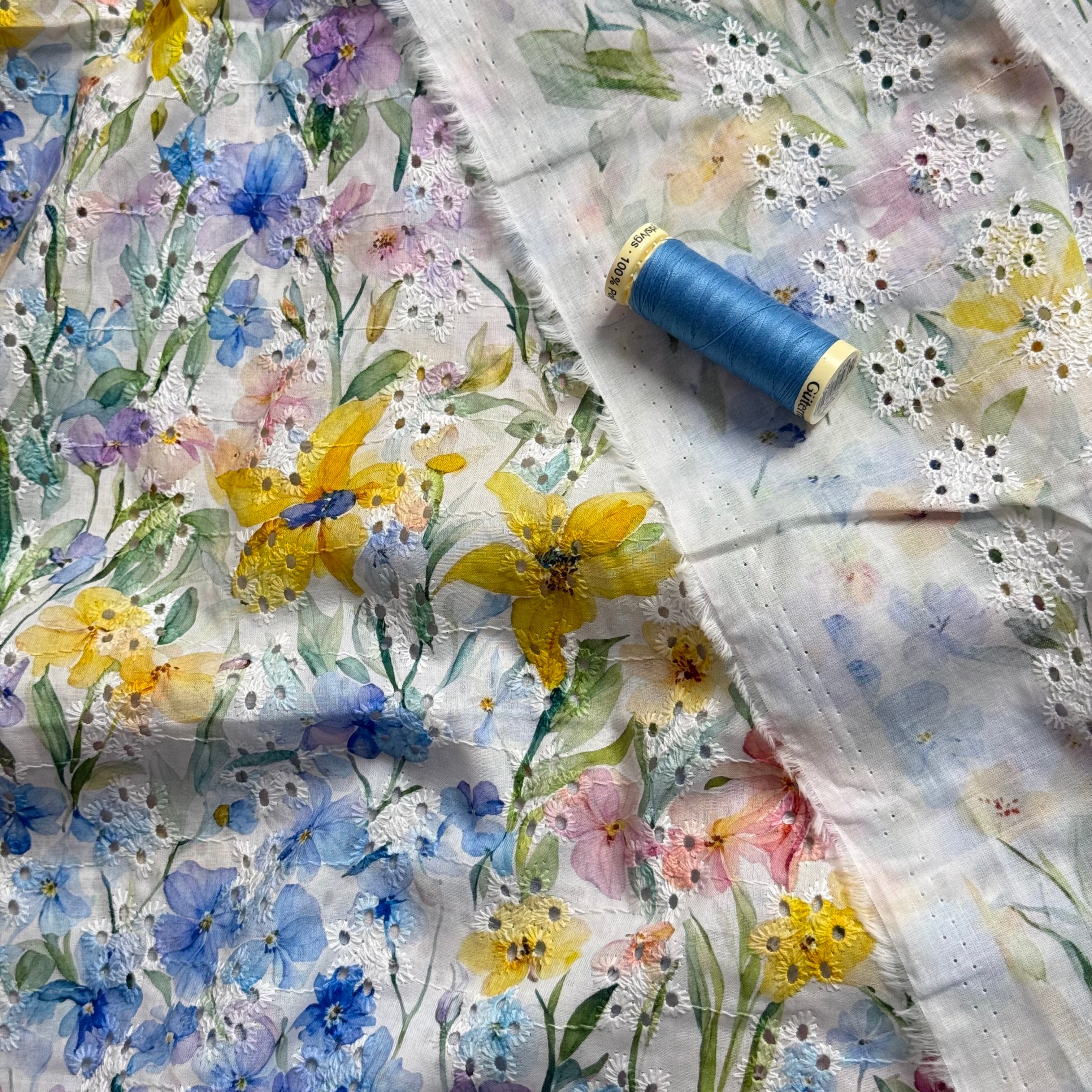 Meadow Flowers on Embroidered White Cotton Voile Fabric