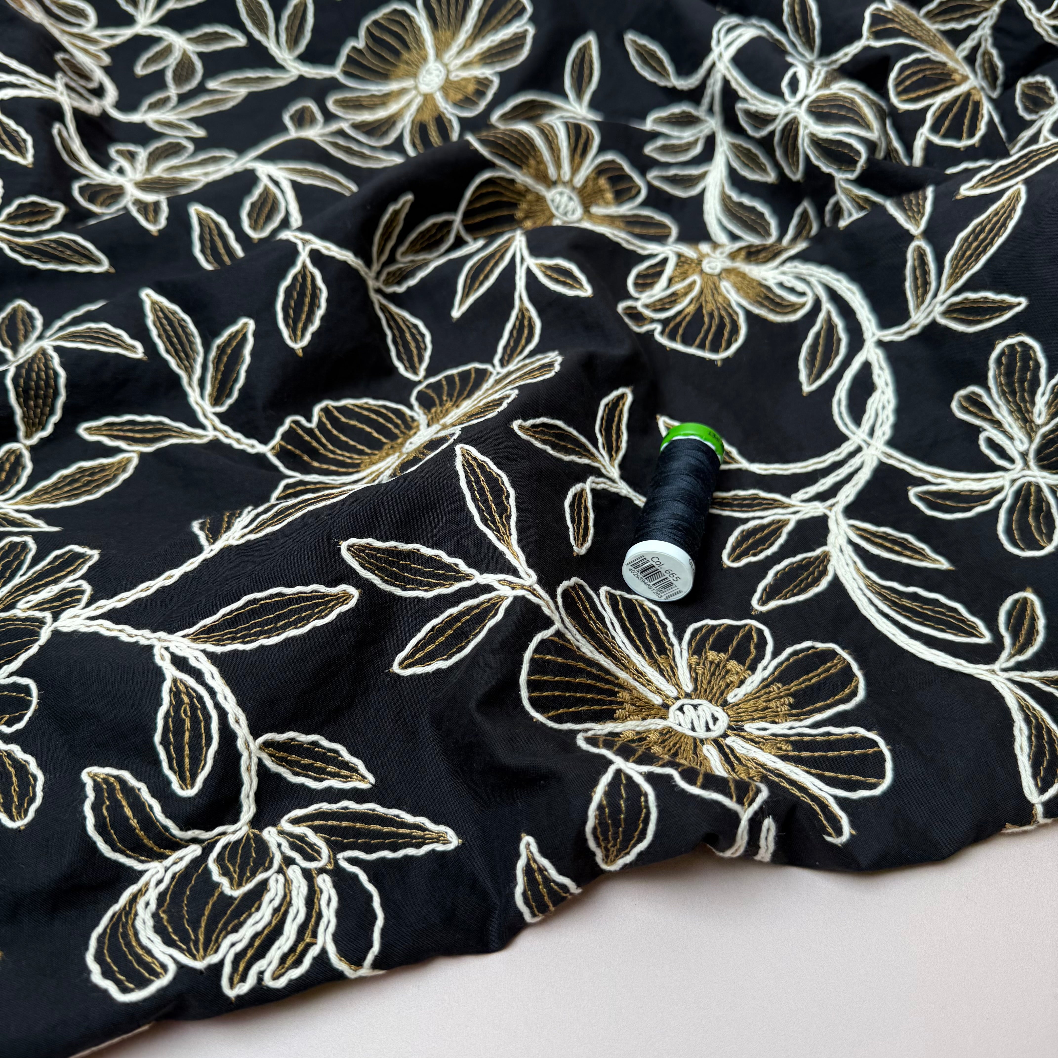 Embroidered Flowers Cotton Fabric in Black