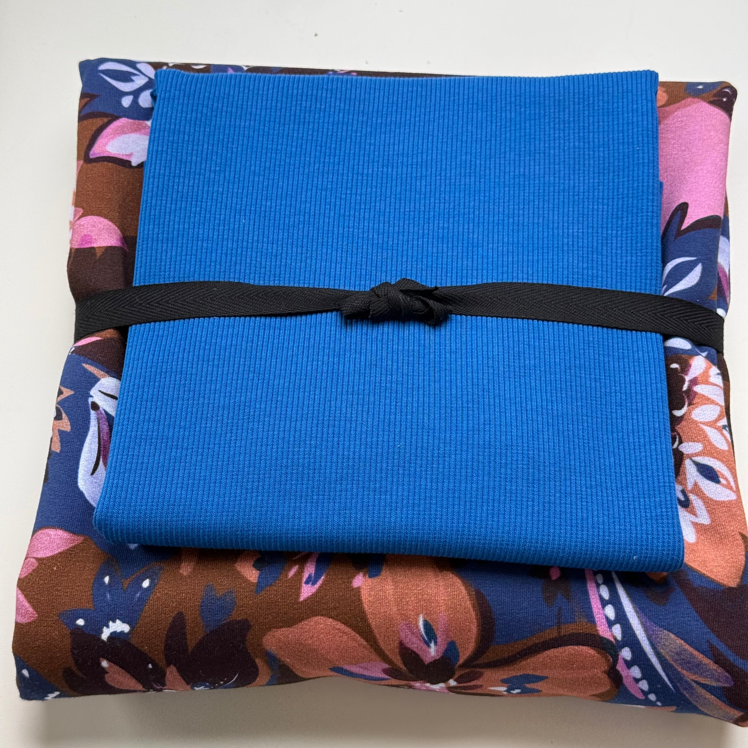 Colour Bundles - Painted Flowers Brown Cotton French Terry & Matching Ribbing