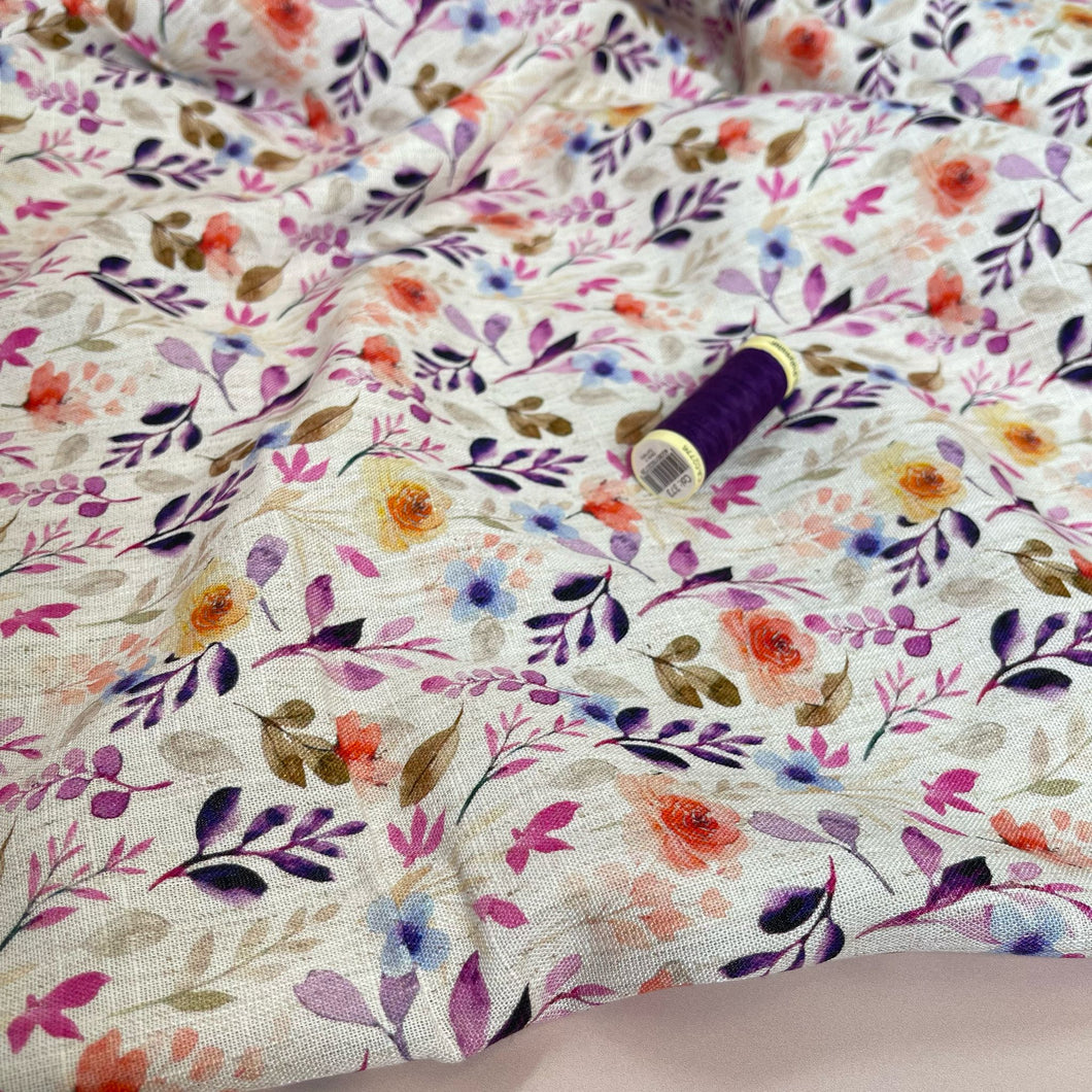 Purple Foliage on Ecru Viscose Linen Fabric