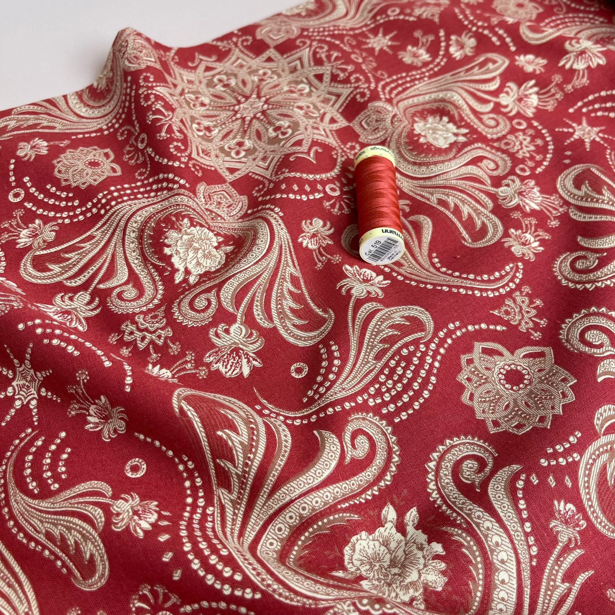 Ex-Designer Deadstock Ornate Paisley Red Linen and Viscose Blend Fabric