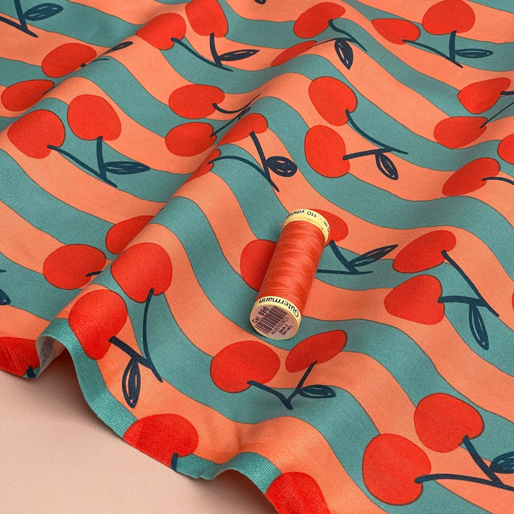 Funky Cherry Stripes on Turquoise Cotton Poplin Fabric