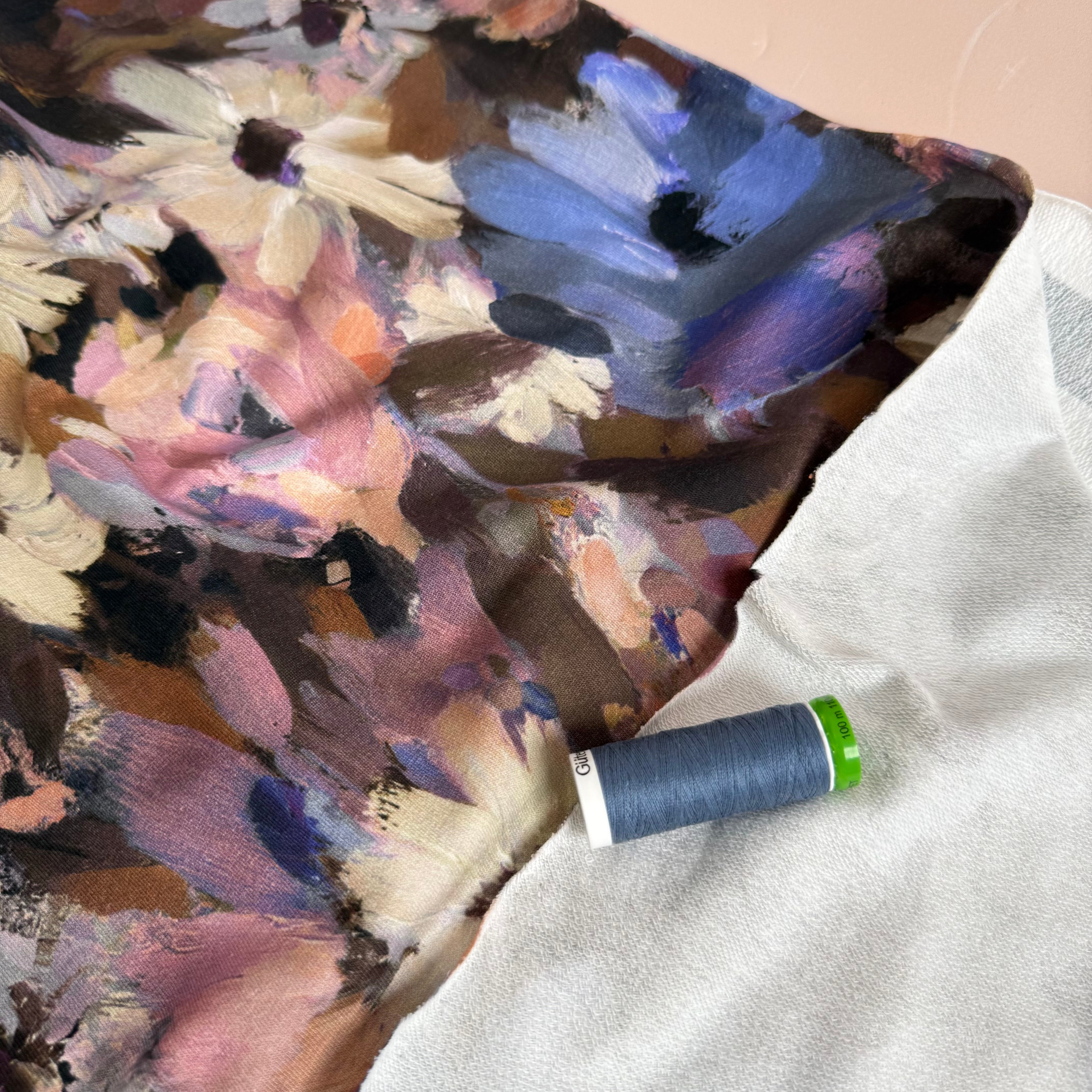 Painted Florals Brown Cotton French Terry Fabric