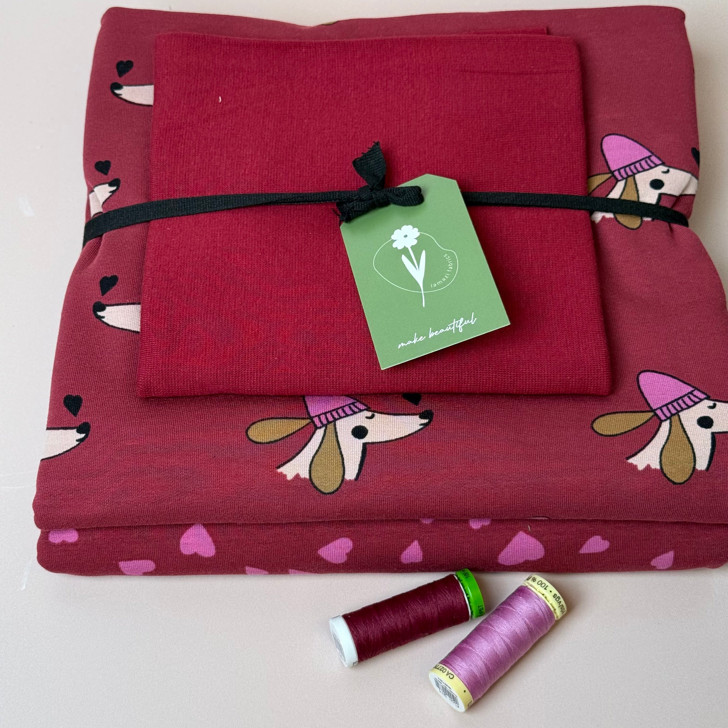 Make an Outfit Colour Bundle - Dogs and Heart Berry Cotton Sweat-shirting with Ribbing