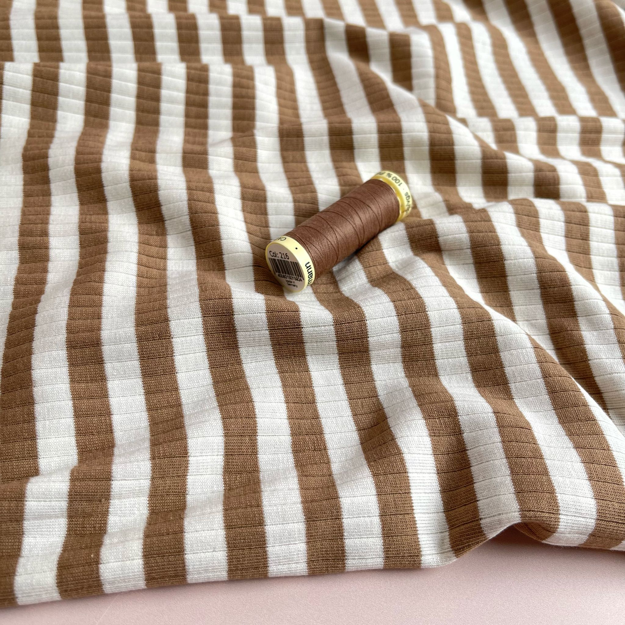 Yarn Dyed Striped Cotton Ribbed Jersey in Mocha Brown and White