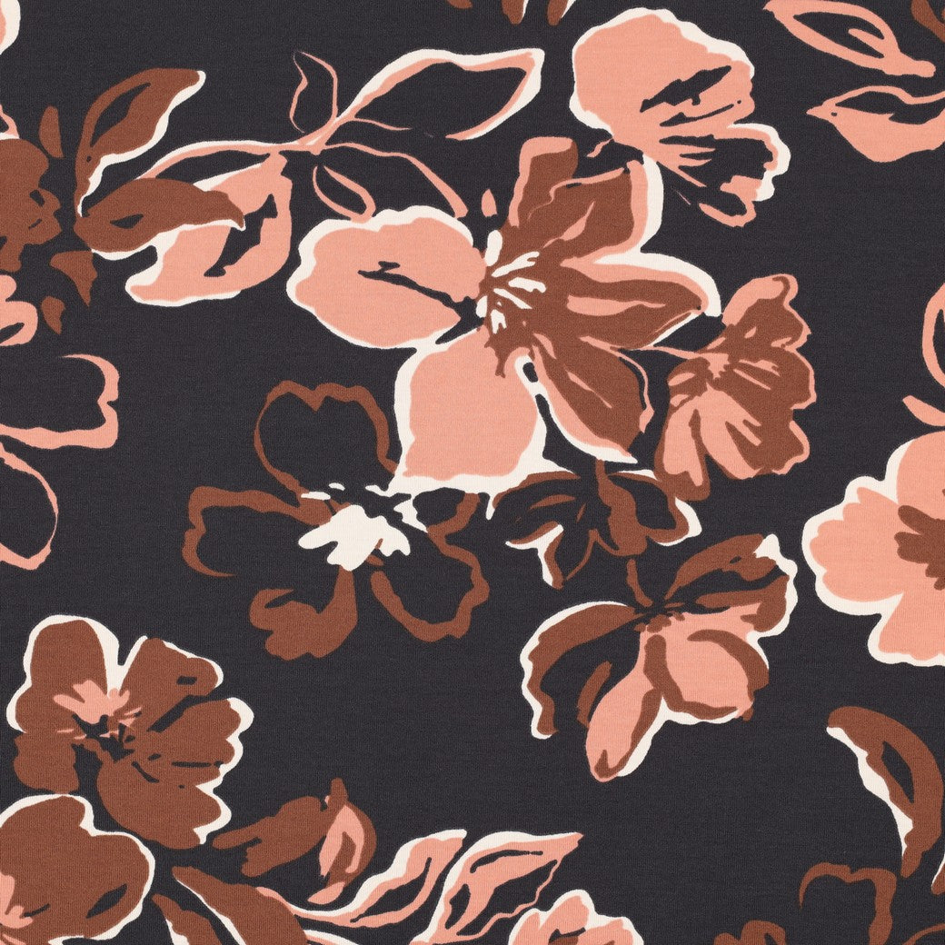 Painted Large Flowers on Black Cotton Jersey Fabric