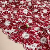 Scalloped Flowers Embroidered Cotton Fabric in Red