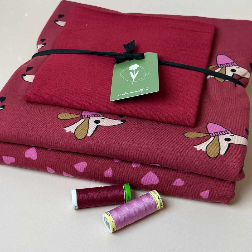 Make an Outfit Colour Bundle - Dogs and Heart Berry Cotton Sweat-shirting with Ribbing