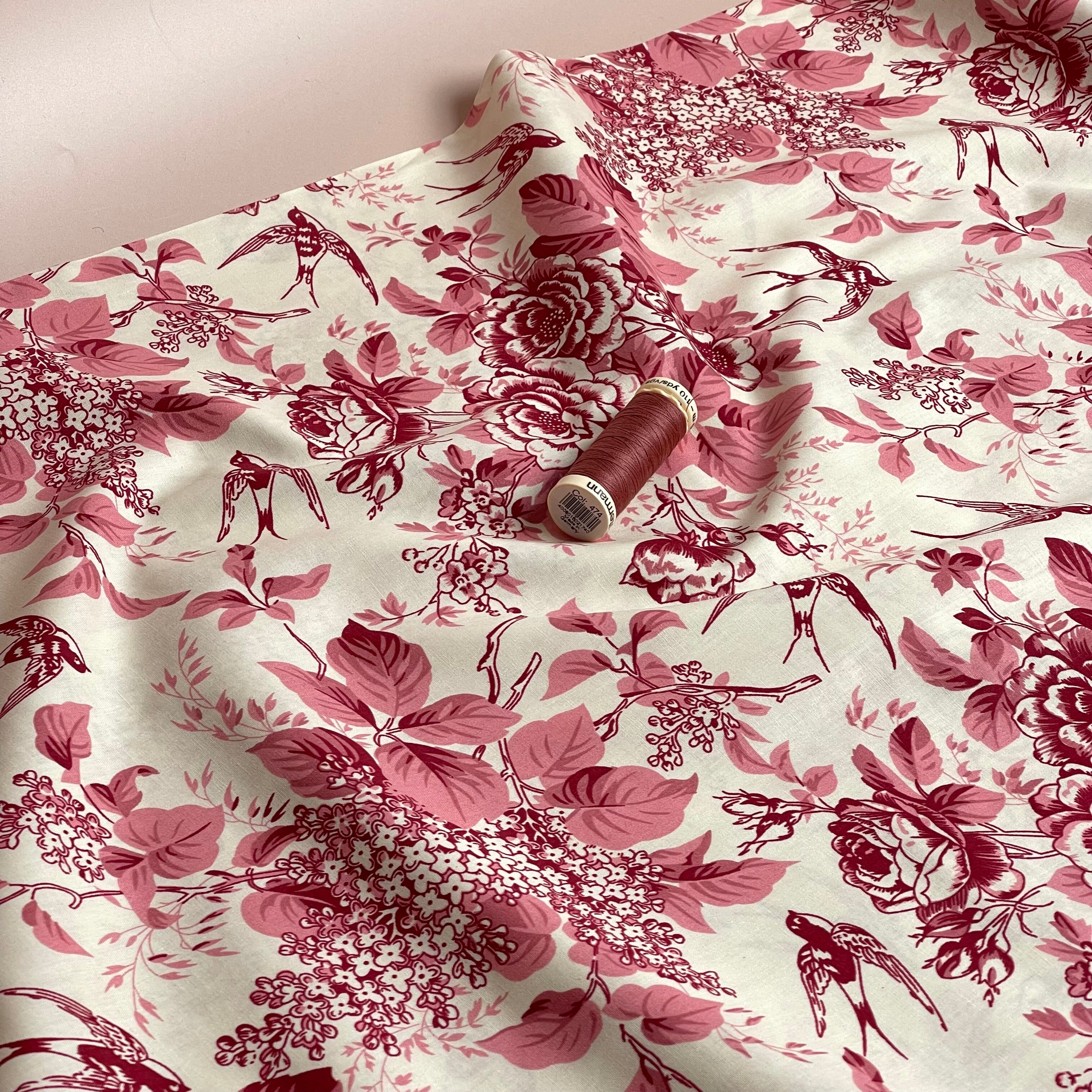 Toile De Jouy Birds in Pink Cotton Poplin