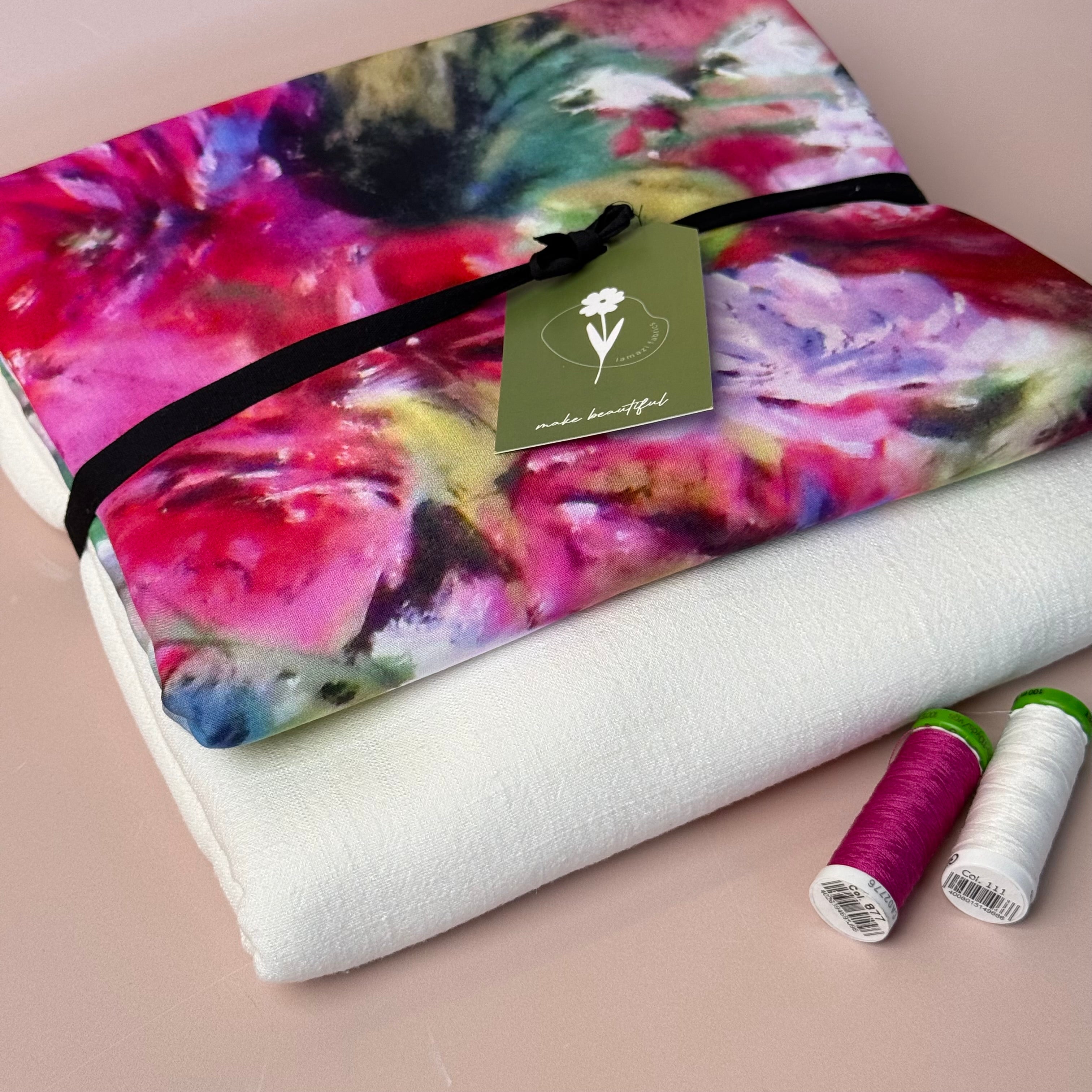 Make an Outfit Colour Bundle - Abstract Watercolour Florals Viscose with Off-White Flow Linen Blend