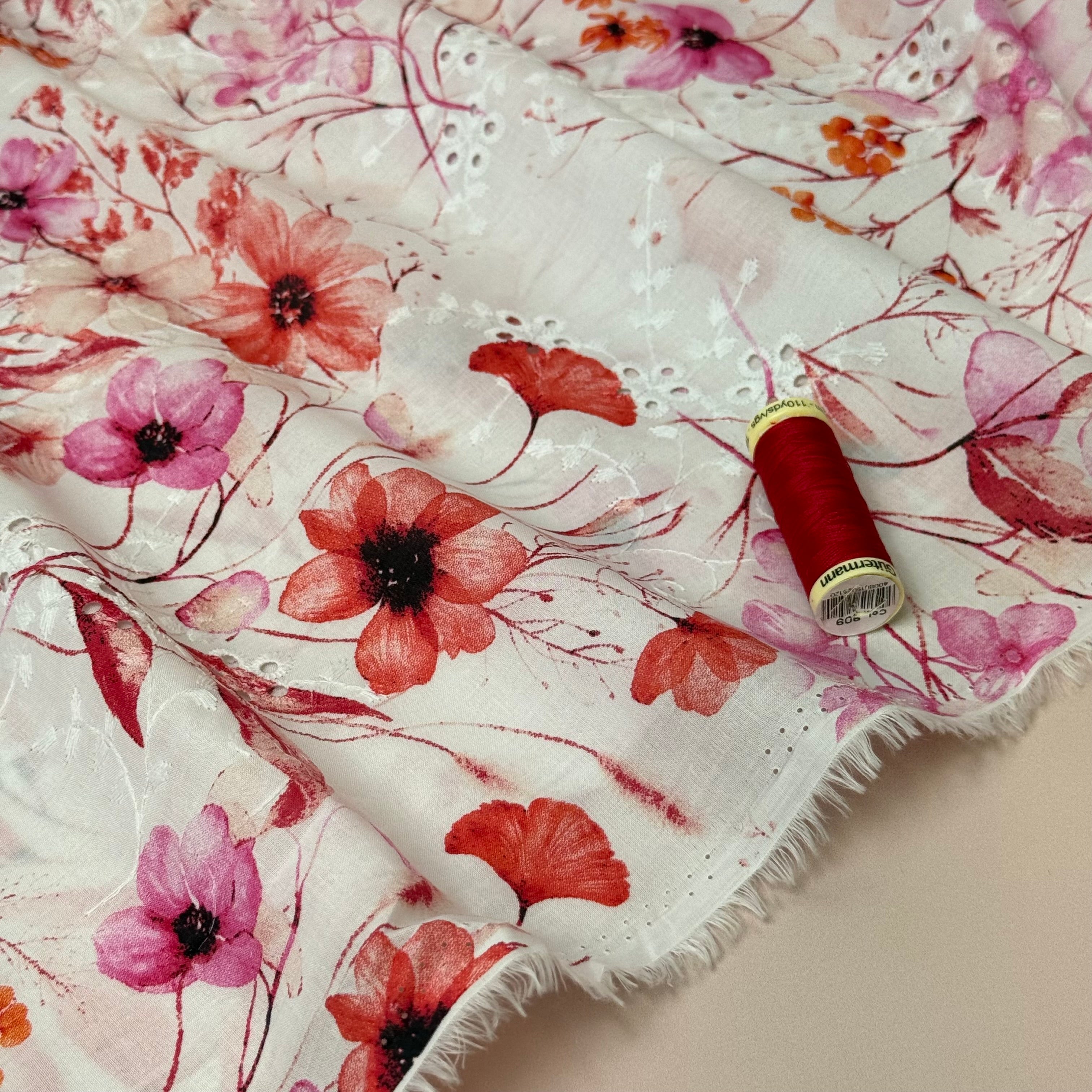 Red & Pink Flowers on Embroidered White Cotton Voile Fabric