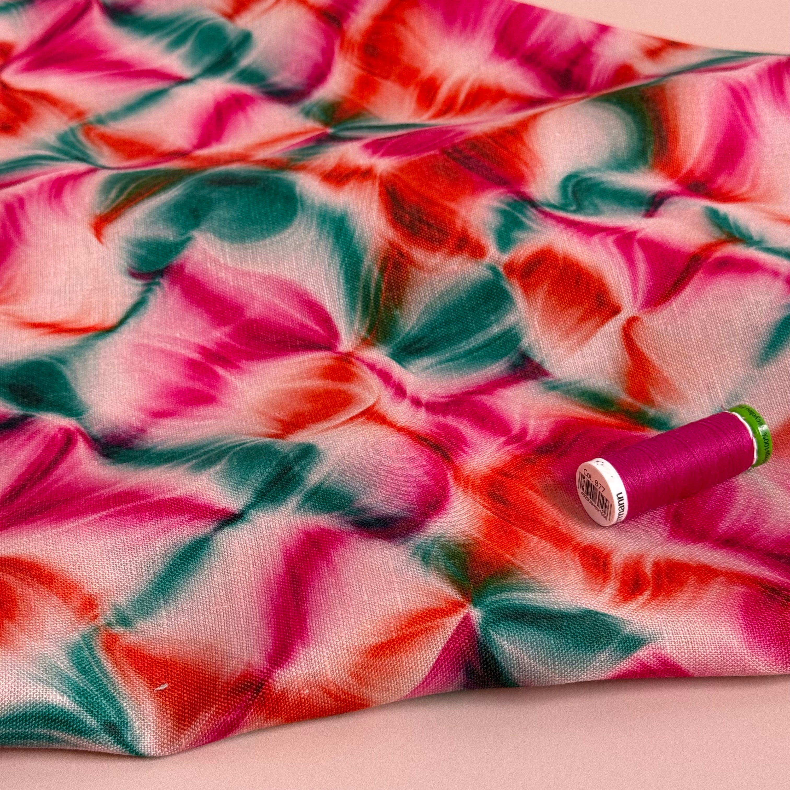 Liquid Gems on Pink Pure Linen Fabric