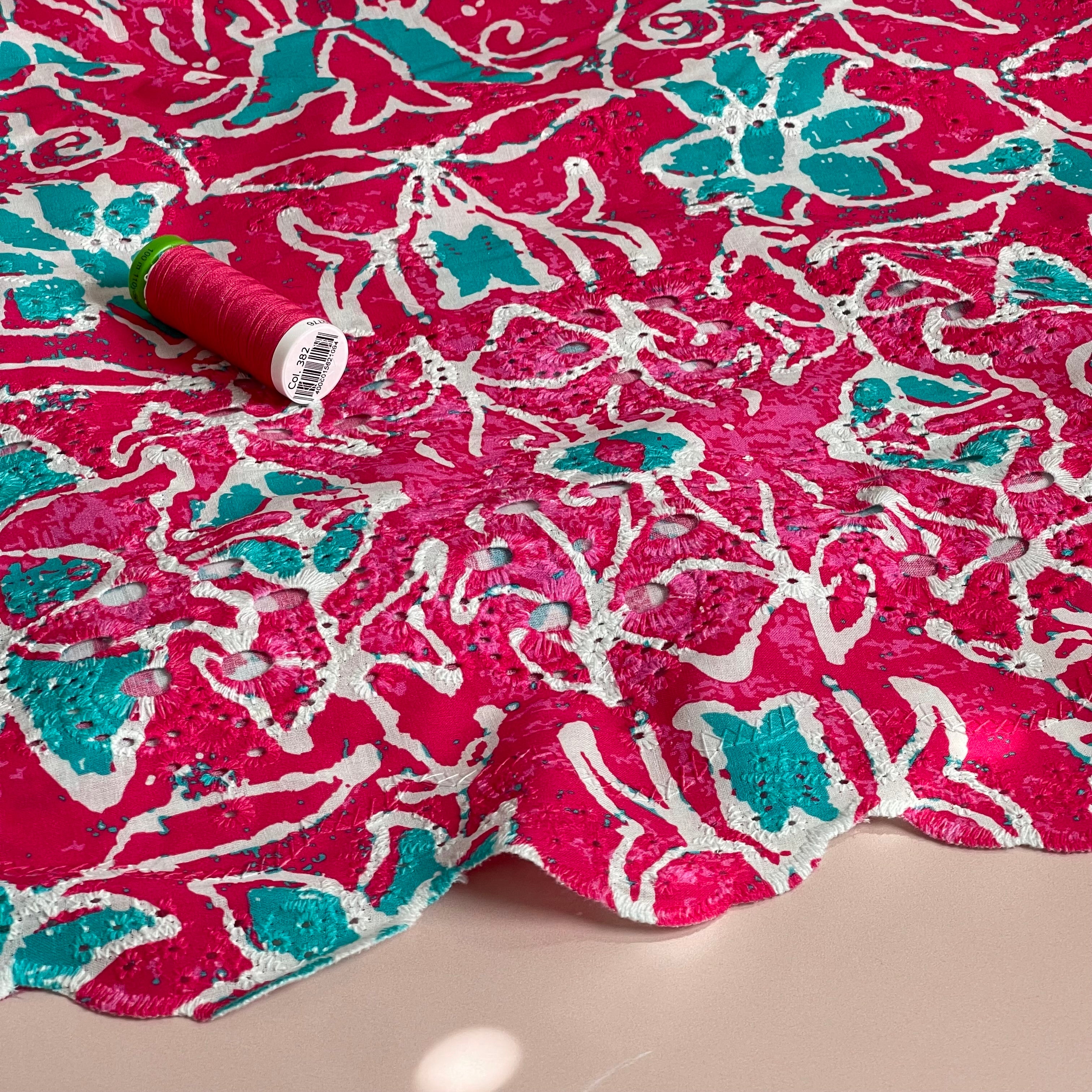 Abstract Flowers on Fuchsia Scalloped Embroidered Cotton Fabric