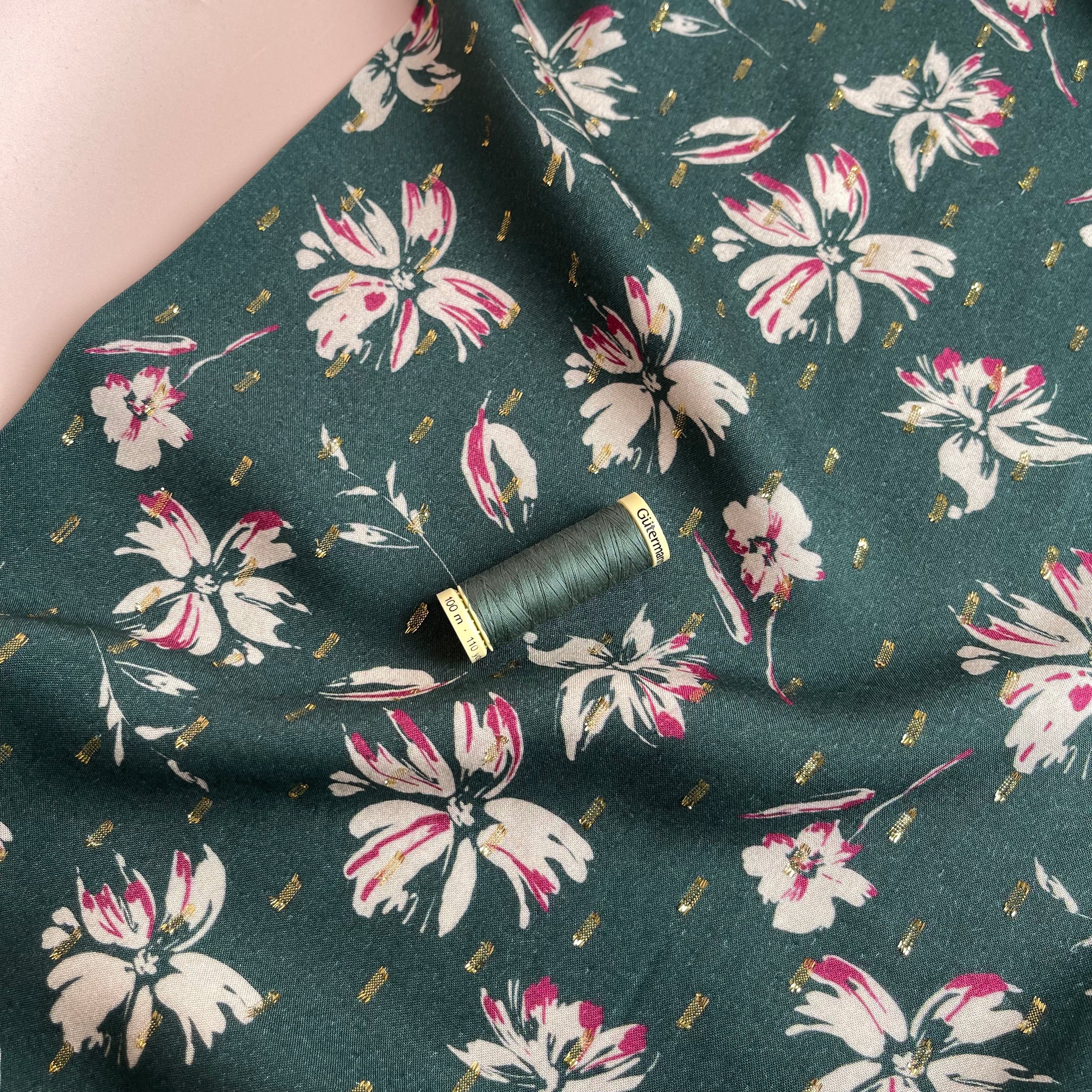 Flowers on Green with Lurex Viscose Fabric