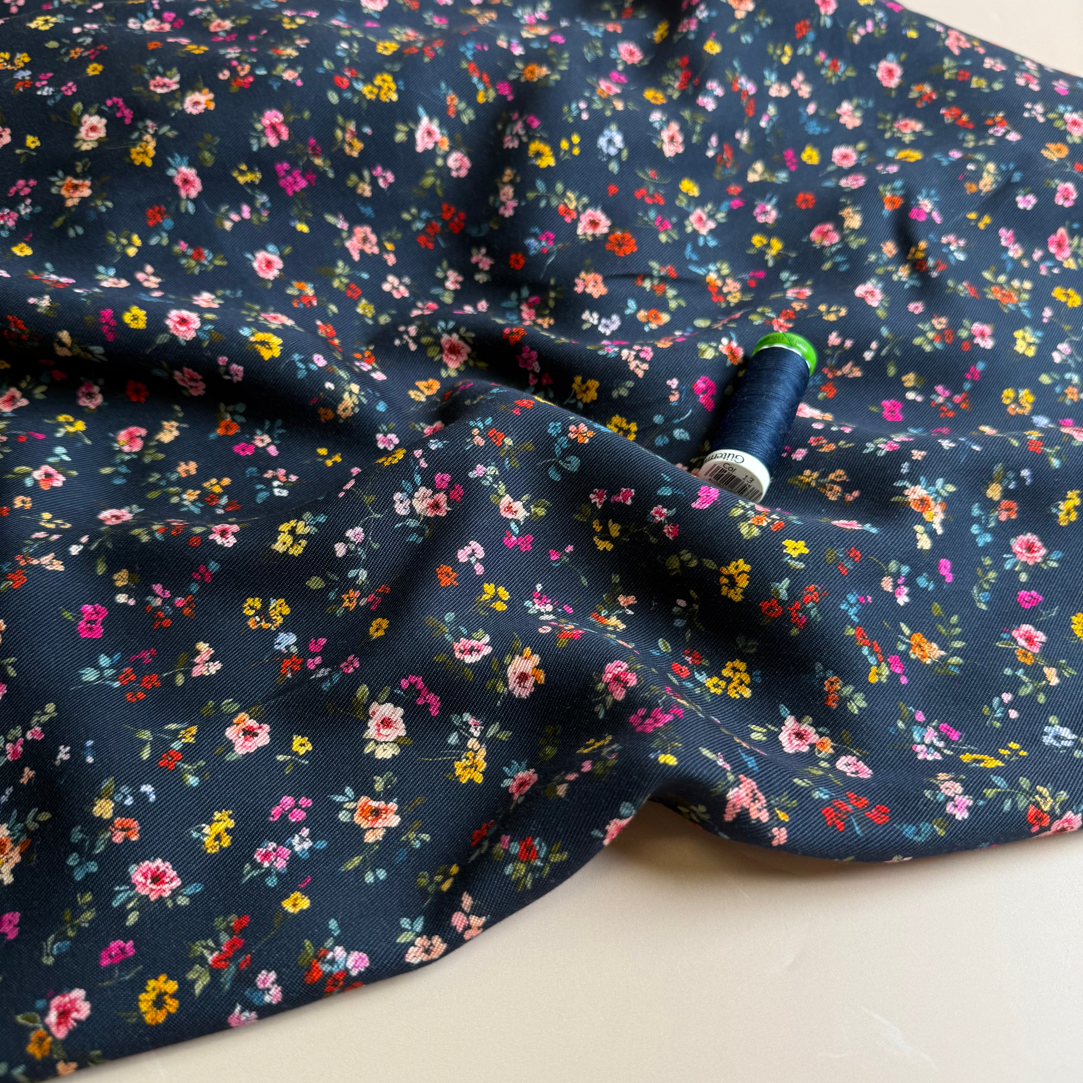 Ditsy Flowers Navy Lyocell Twill Fabric