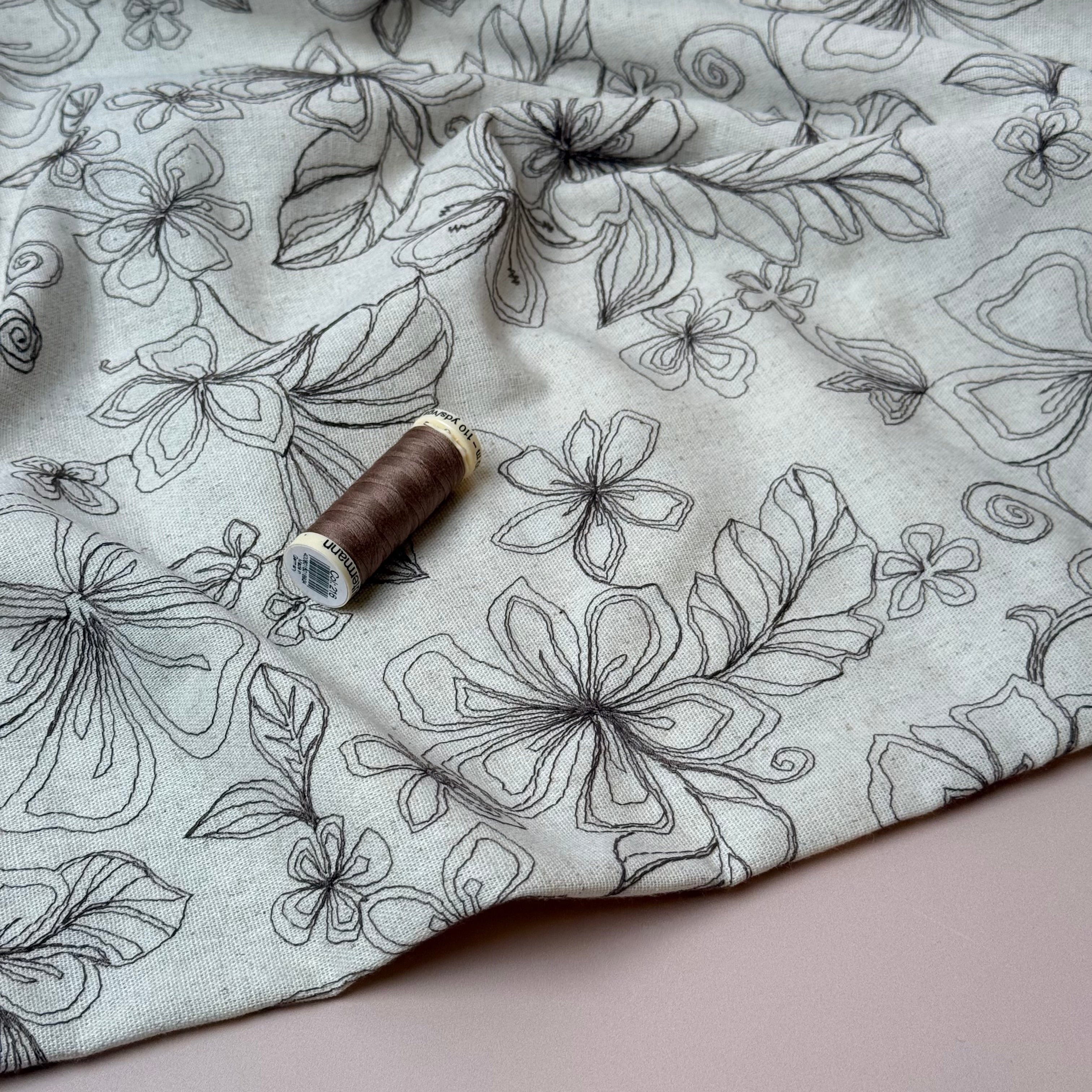 Embroidered Brown Flowers on Natural Viscose Linen Blend Fabric