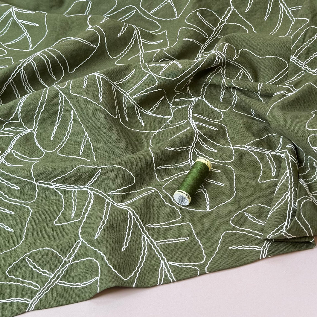 Embroidered Foliage Linen Viscose Blend Fabric in Cactus Green