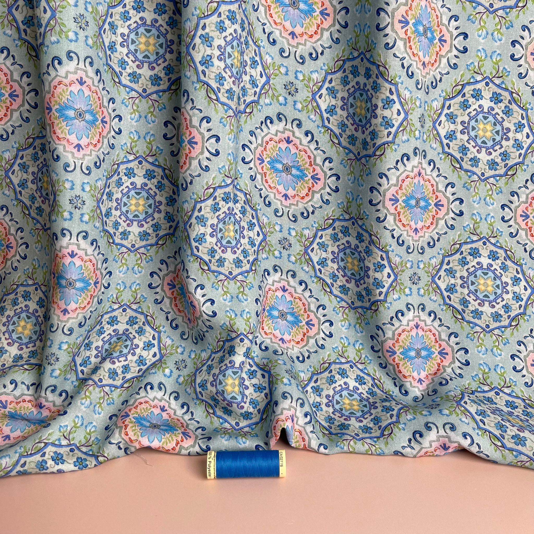 Vintage Laura on Light Sage Viscose Fabric