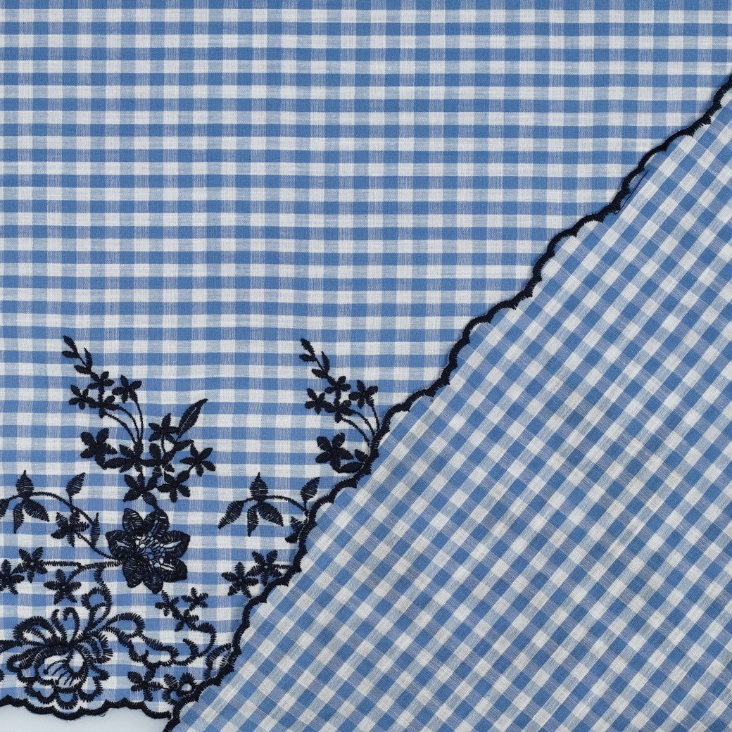 Scalloped Embroidered Blue Gingham Cotton Fabric
