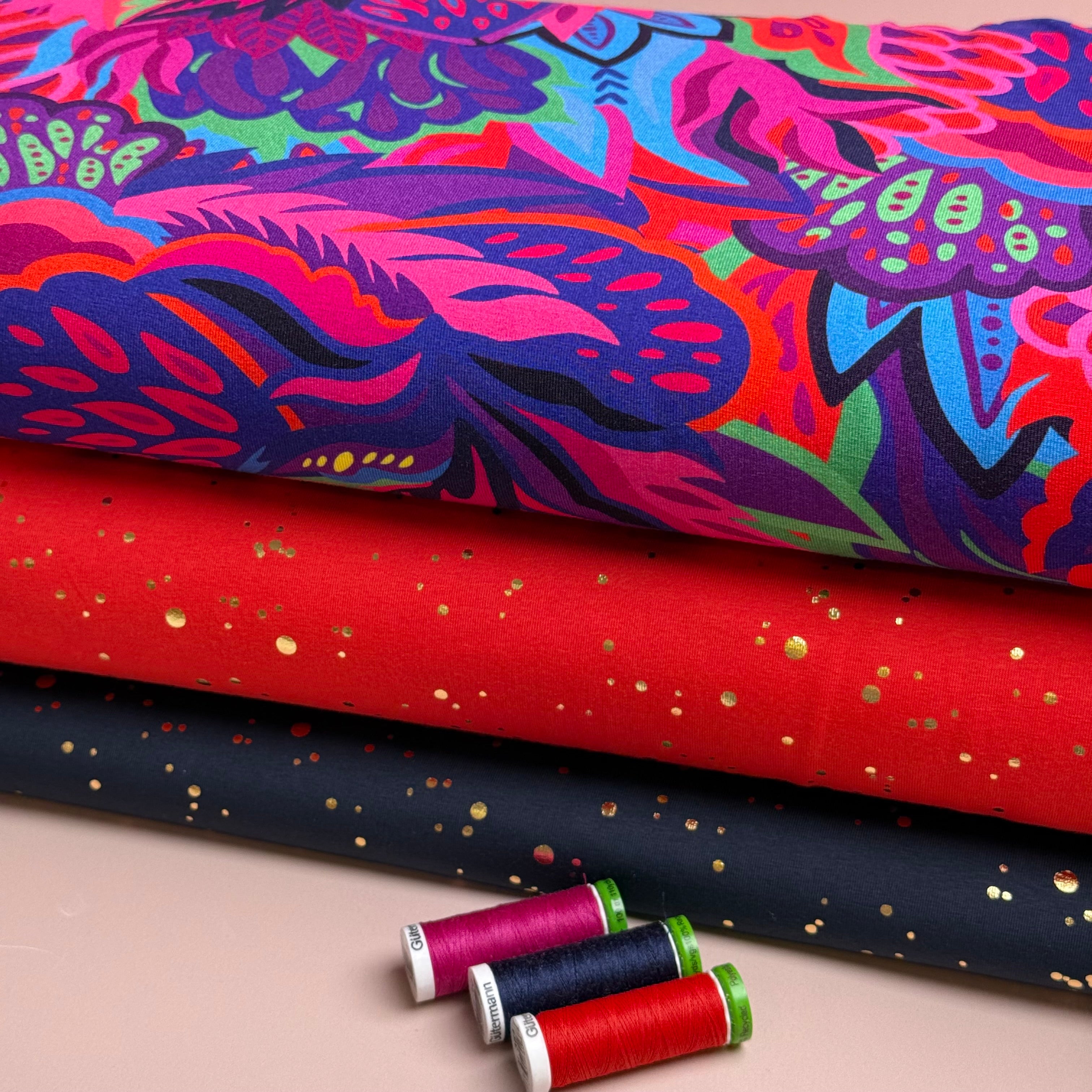 Gold Confetti on Navy Cotton Jersey Fabric