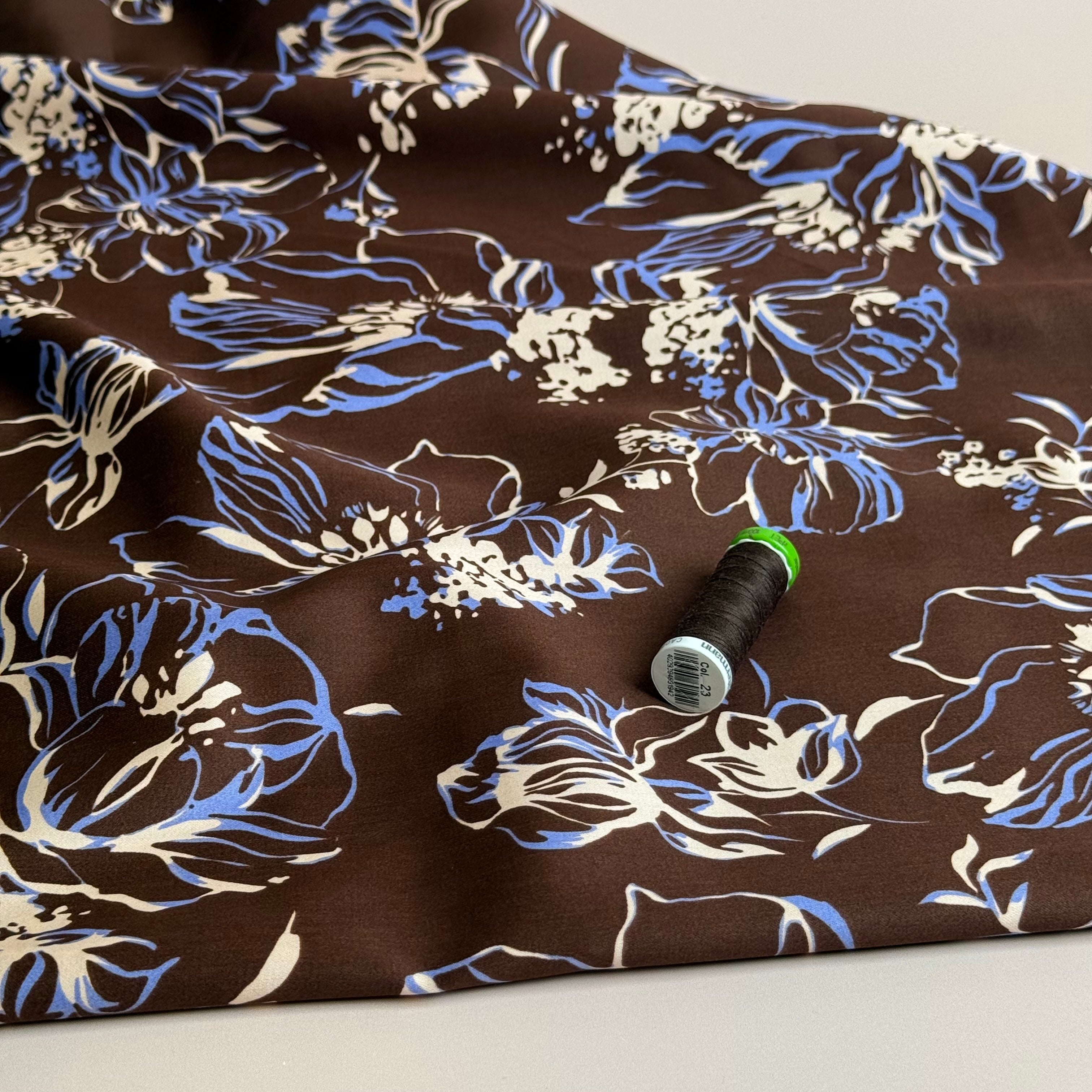 Line Flowers on Brown Cotton Sateen Fabric