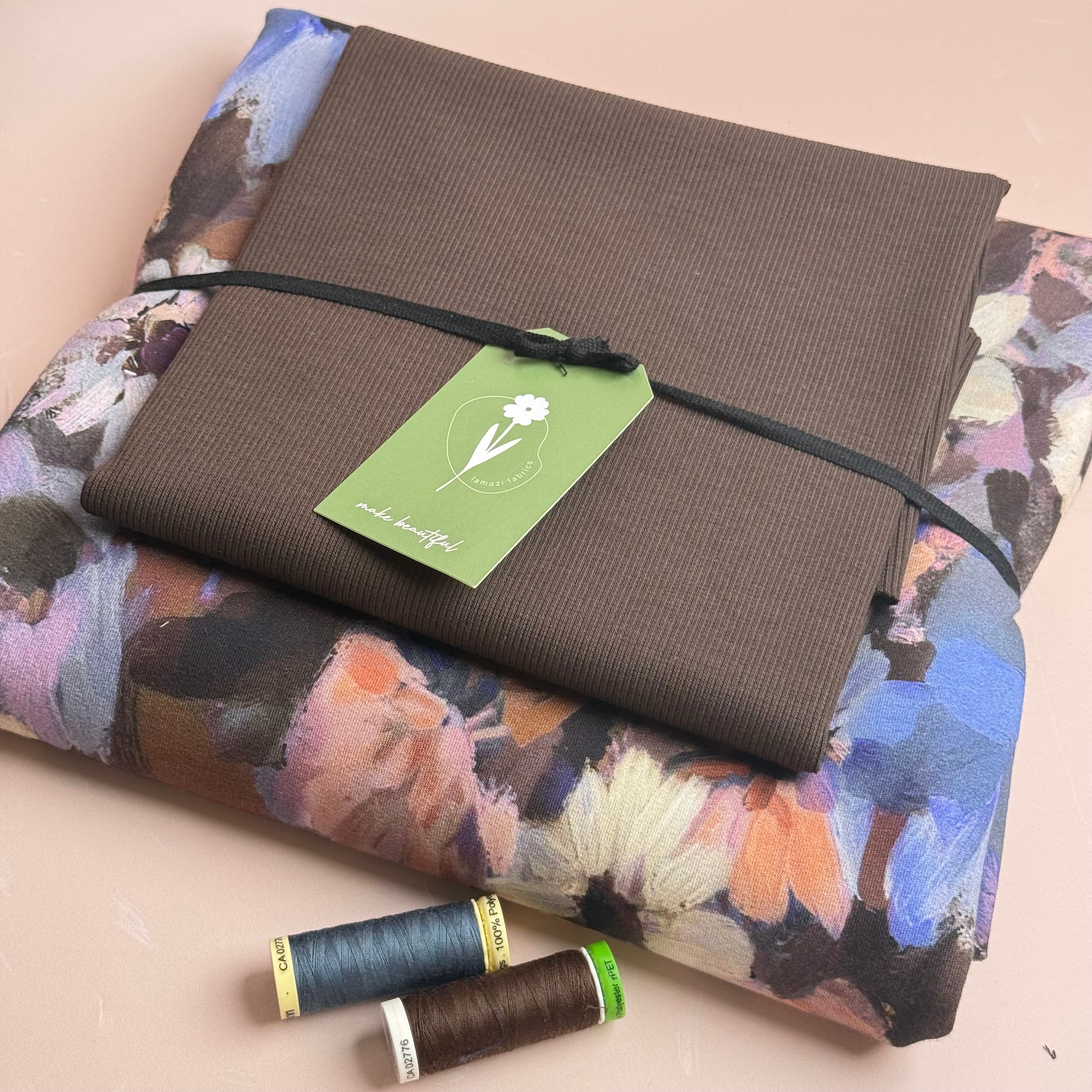 Colour Bundles - Painted Florals Brown Cotton French Terry & Matching Ribbing