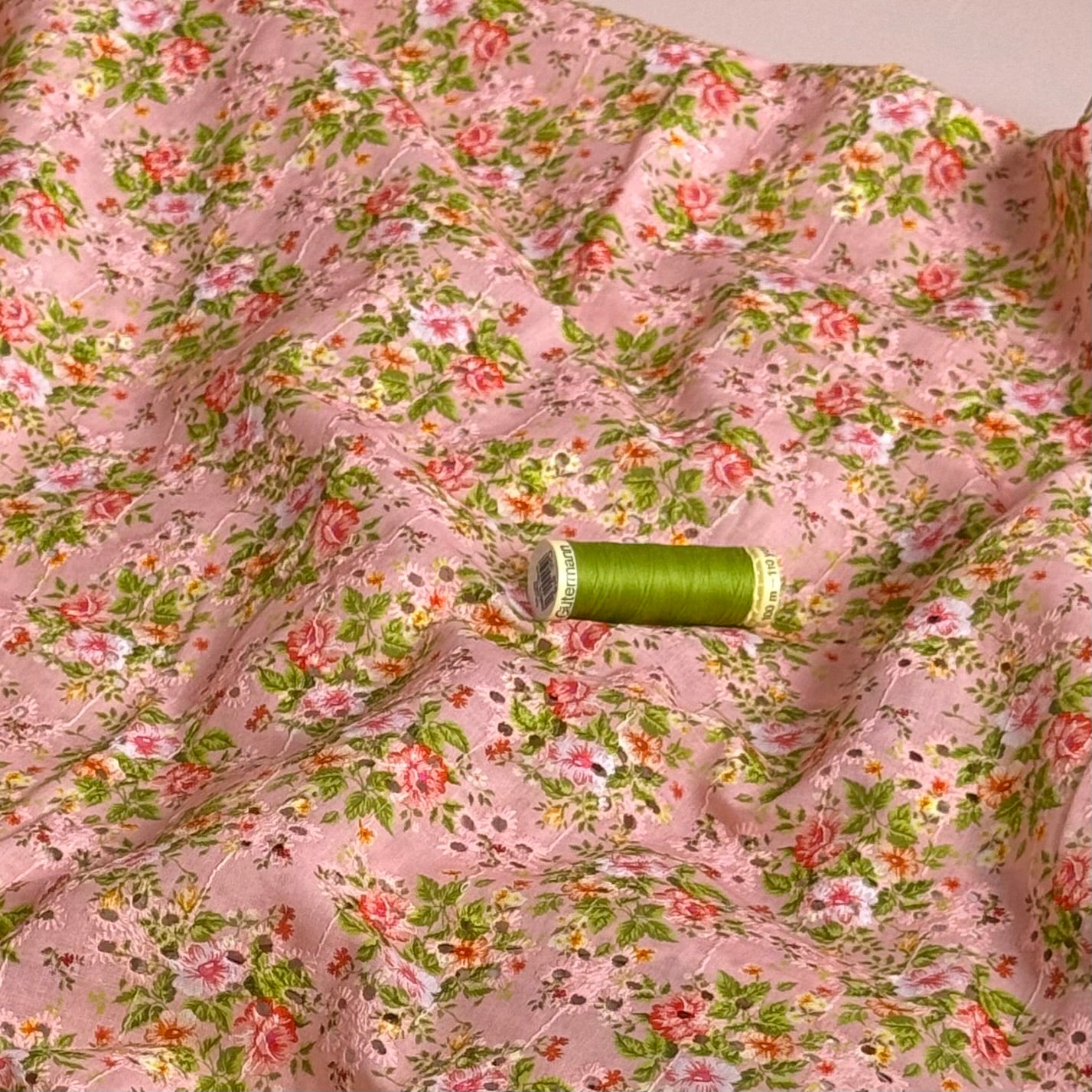 Rose Bouquet on Embroidered Cotton Voile Fabric