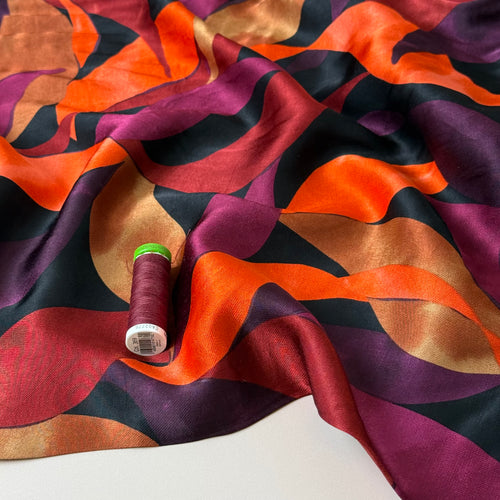 Leaves Dark Red Royal Spun Viscose Sateen Fabric