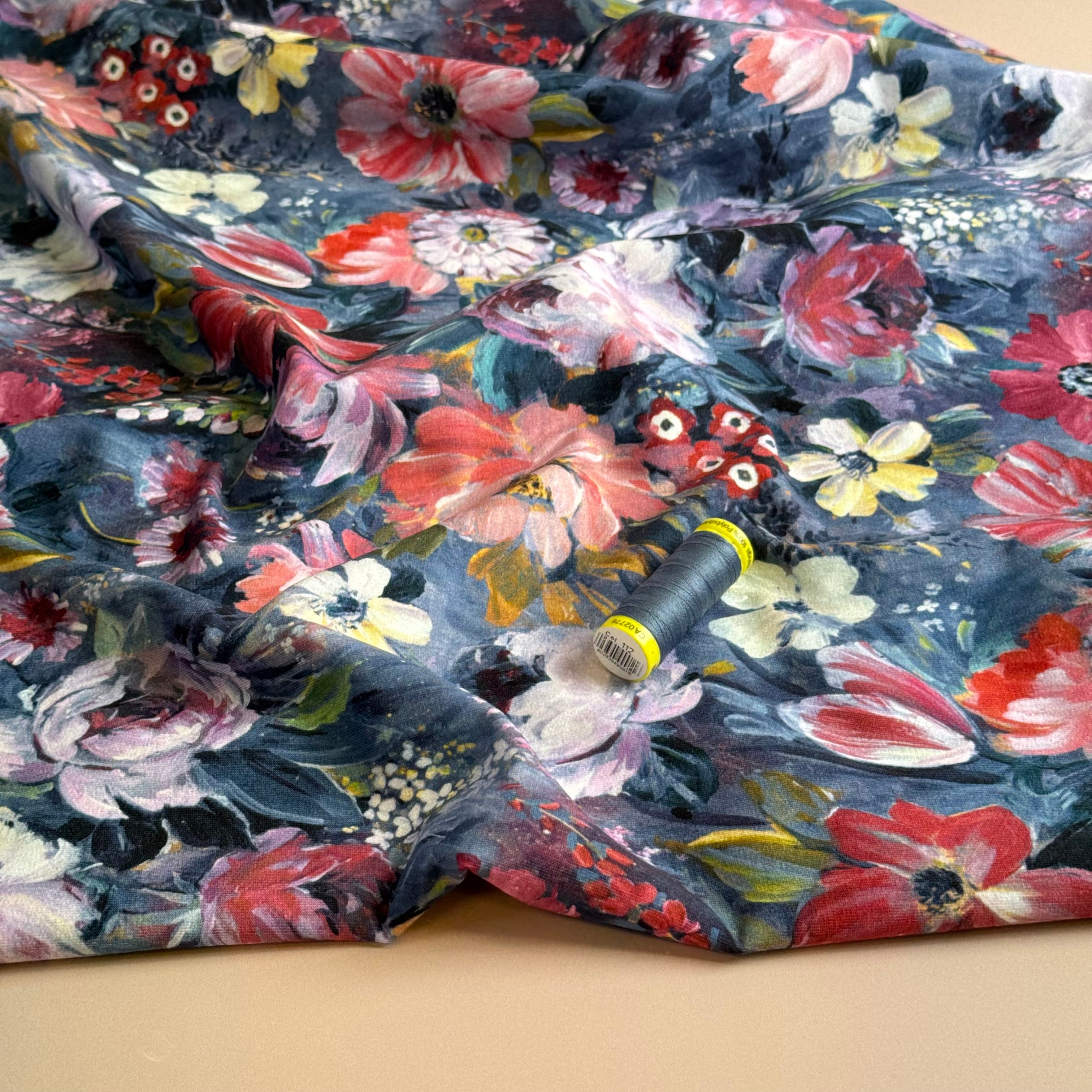Autumn Bouquet Blue Cotton Sweat-shirting Fabric