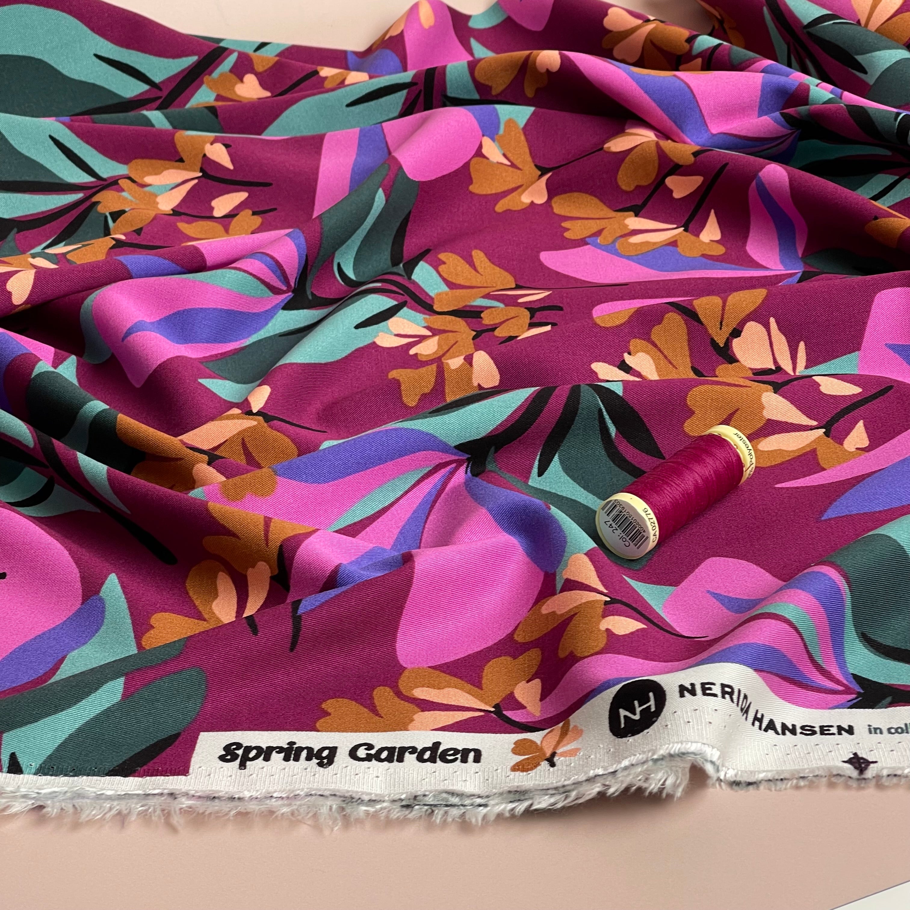 REMNANT 1.66 Metres - Nerida Hansen - Rosella Spring Garden on Plum Stretch Viscose Twill Fabric