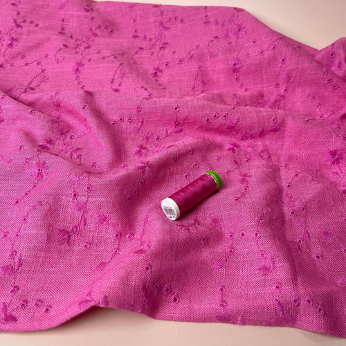 Floral Vines on Fuchsia Embroidered Viscose Linen Fabric