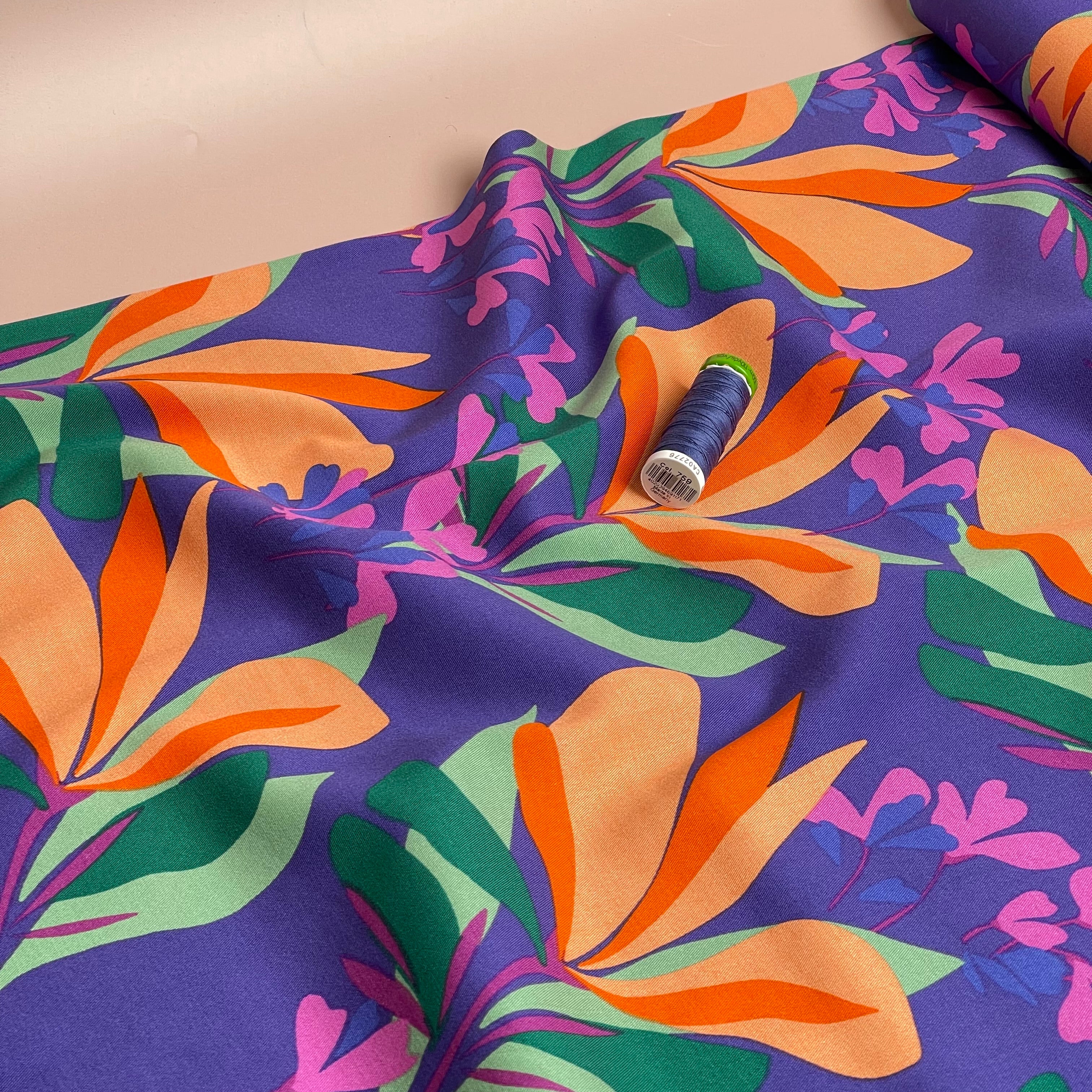 Nerida Hansen - Rosella Spring Garden on Cornflower Blue Stretch Viscose Twill Fabric