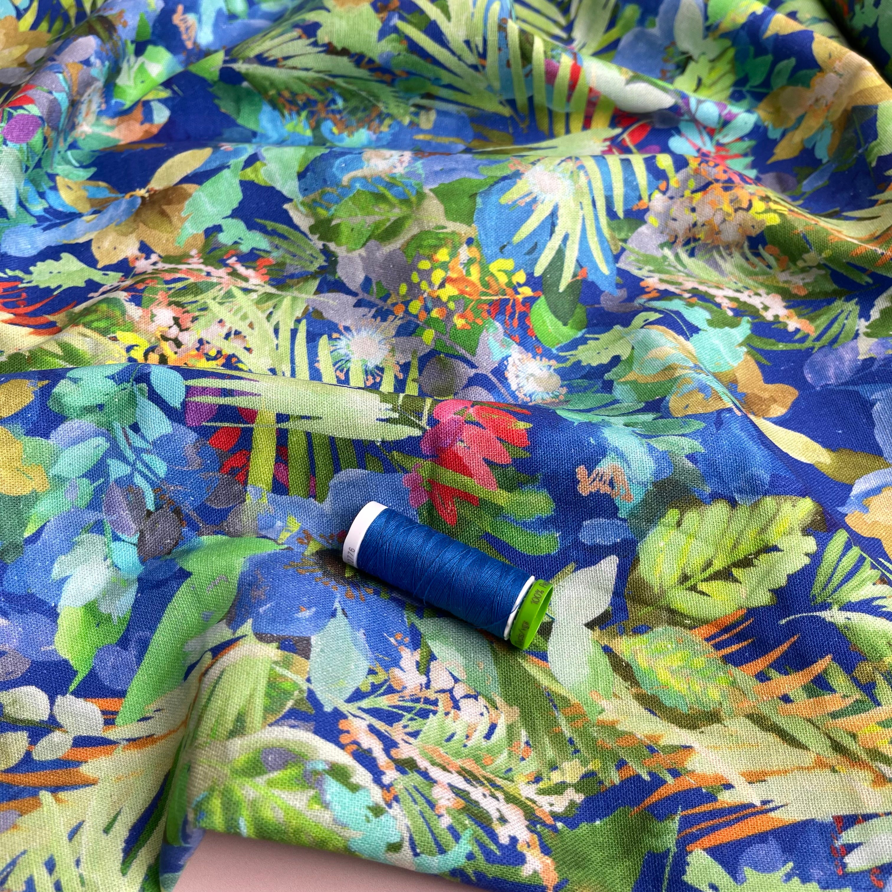 Tropical Foliage Linen Viscose Blend Fabric