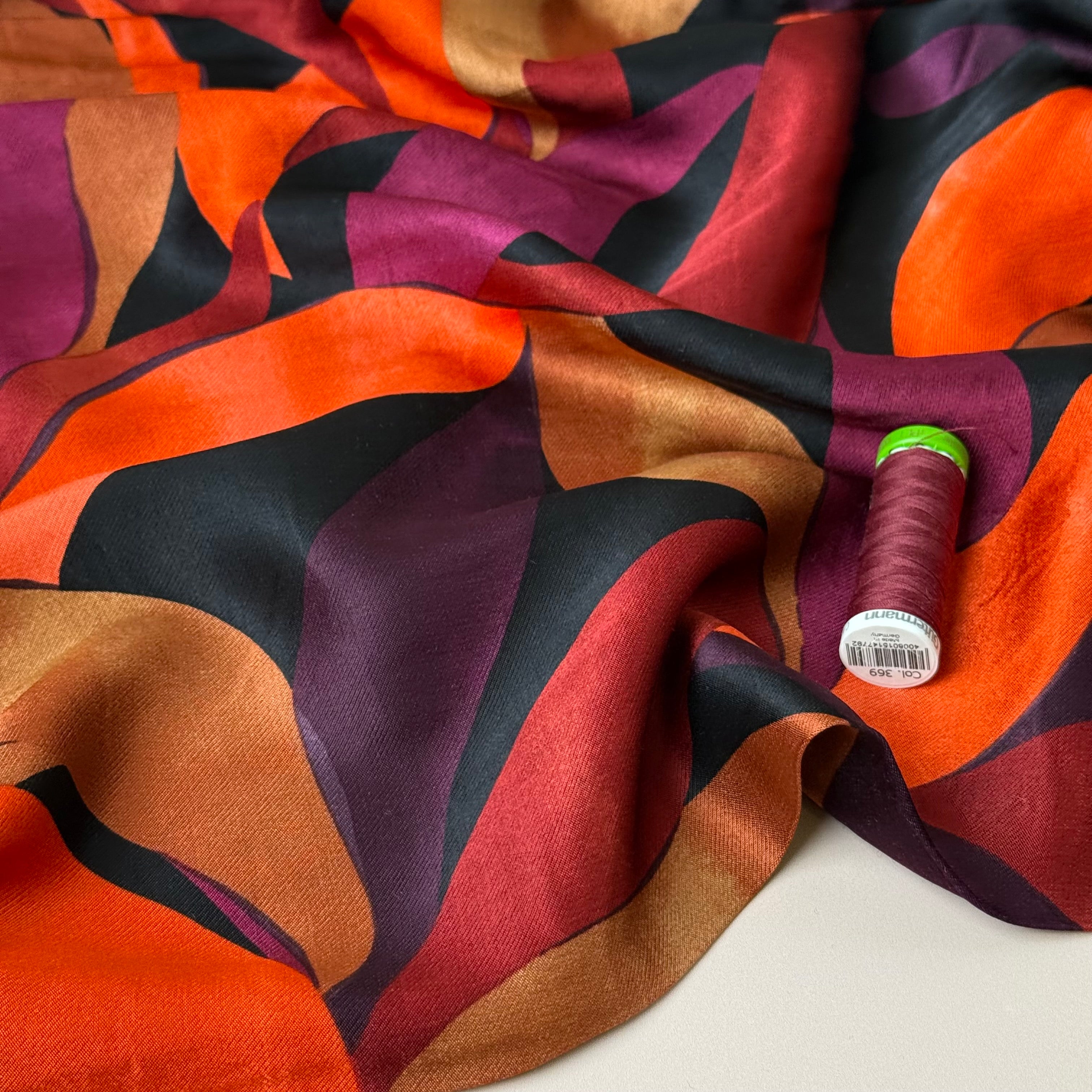 Leaves Dark Red Royal Spun Viscose Sateen Fabric