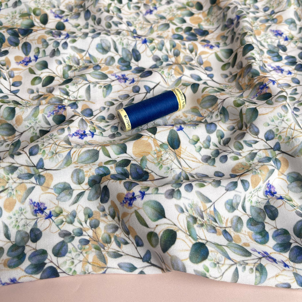 Eucalyptus Leaves on White Stretch Viscose Poplin Fabric