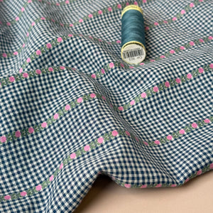 Tulips on Navy Gingham Yarn Dyed Cotton Jacquard